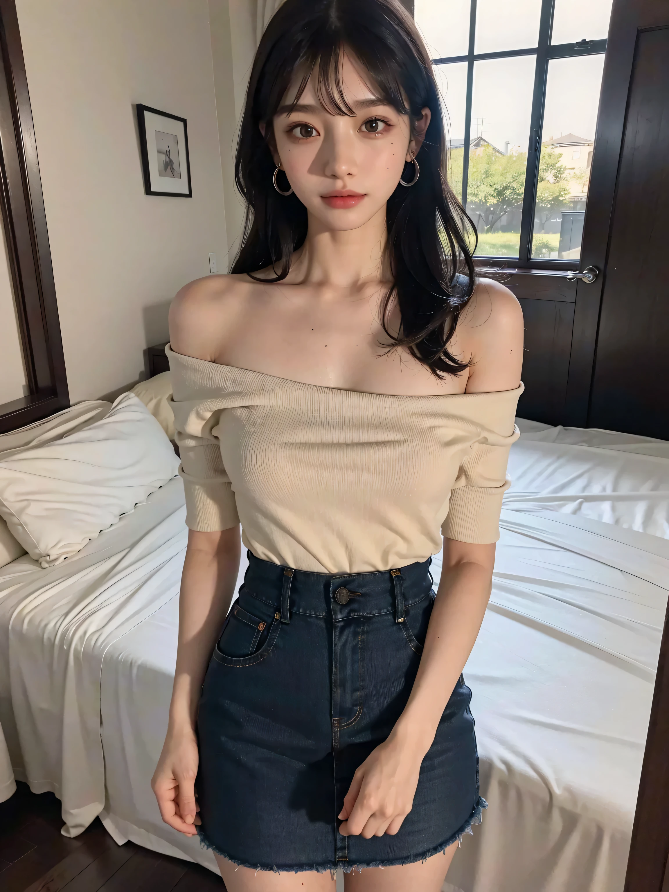 long straight hair, light brown eyes, mini-skirt, top, white skin, room, night