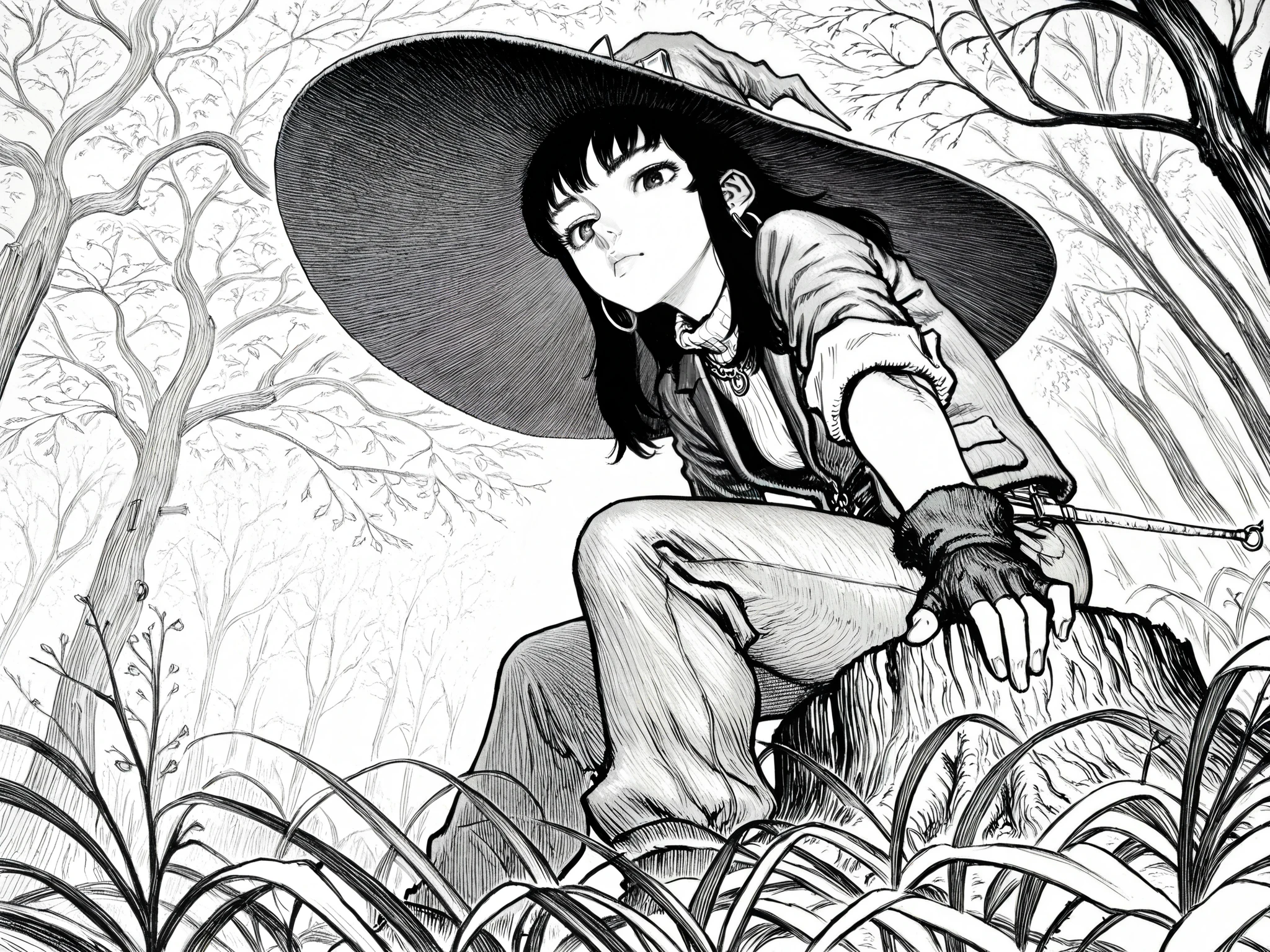 HDR, 8K, high contrast, masterpiece, best quality, amazing quality, very aesthetic, anime artstyle, realistic, newest, 
BREAK
bounce light, hyperdetailed, detailed hair strands, detailed fibers, greyscale, (intricate hatching: 1.4)
masterpiece, semi-realism, monochrome, manga, inking, detailed, hyperdetailed,
engraving artstyle, hatching /texture/, contour lines, monchrome, greyscale, masterpiece.hyperdetailed, absurdres, detailed background, foreshortening, perspective, dynamic angle, very aesthetic, 1girl, solo, medium hair, black hair, sidelocks, witch hat, leaning forward, fingerless gloves, weapon, sheath, sleeves rolled up, turtleneck sweater, blazer, chain necklace, hoop earrings, long ears, vegetation, plats, roots, sitting on tree stump, looking at viewer, 