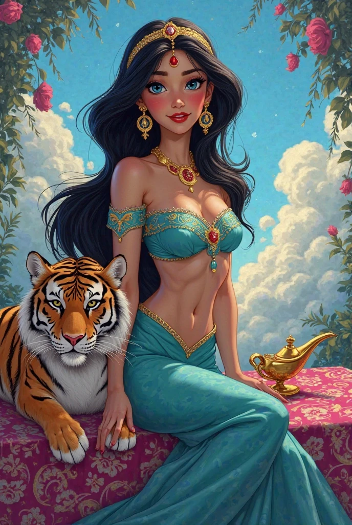 NSFW. (((nude))), (((1girl))), (((23years))), Jasmine on a silk bed cuddling ((1_big_tiger)), Arabian, diadem with blue gem, jewelry, bracelets on arms, anklets on legs, colorful silks, Arabian setting, flowers, looking at viewer, ((highly detailed)), (((masterpiece))) Hyacinth