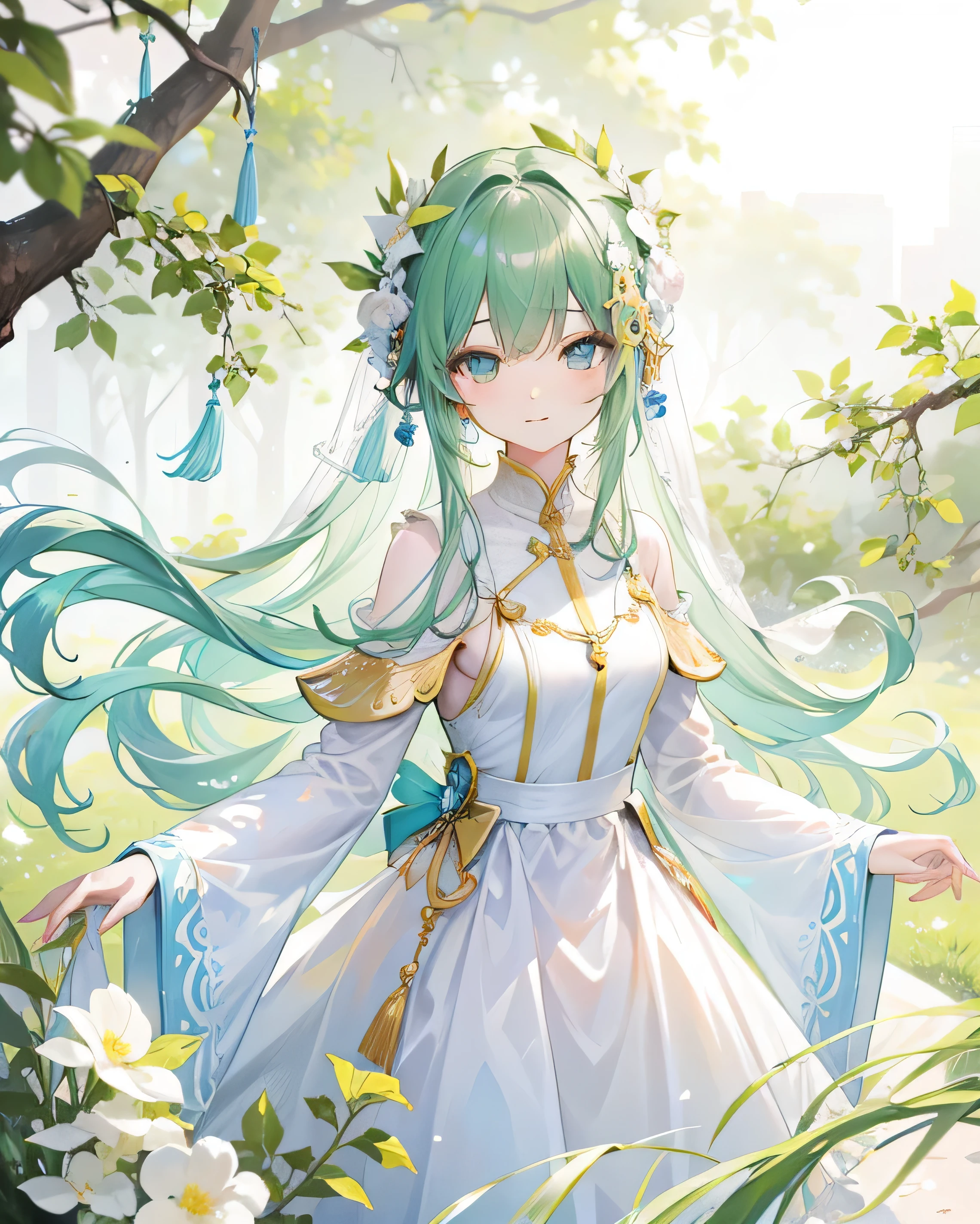 Green color, long white hair ,white,milky white clothes,High Resolution, masterpiece, anatomically correct, accurate, highest quality, Details, High details, high image quality model, quality, very detailed, Ultra High Definition, textured skin,