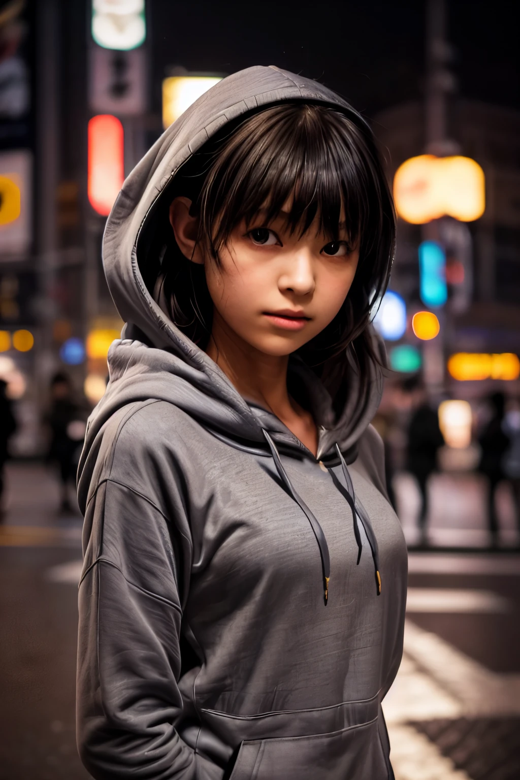((best quality, masterpiece, extremely detailed)),1girl, (yo:1.3), (silhouette lighting:1.4), medium hair with bangs, (gray hoodie:1.3), medium breast, (upper body:1.5), (shibuya scramble crossing), (midnight:1.2)