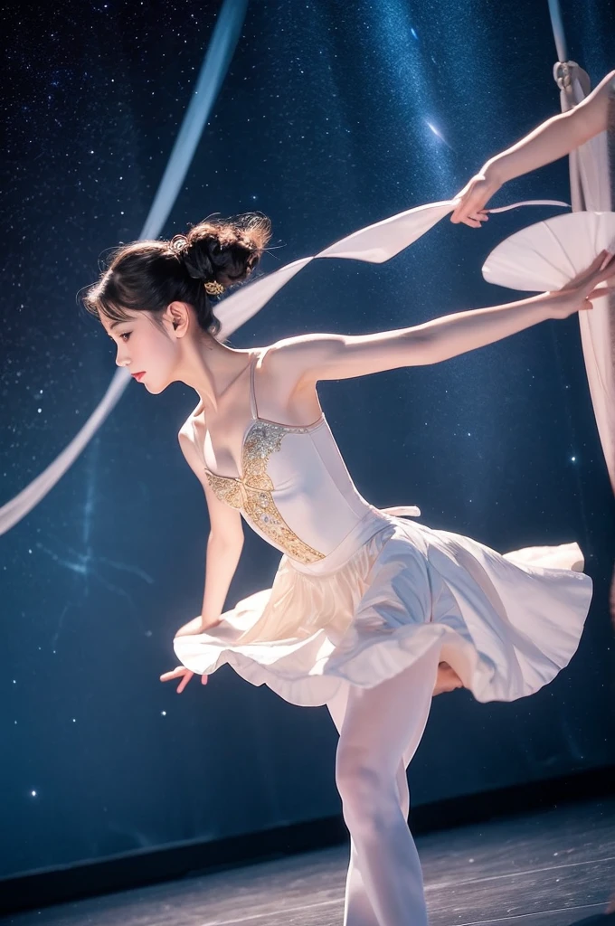 fantasy, high quality, 8K, realistic,photo realistic,RAW photo,photography,High resolution, ultra-definition, highest quality,Dramatic lighting, glitter effect, from below, midnight, moonlight, ballet、Swan Lake、ballet swan lake、jumping, Lake in the deep forest、full body、break, A prima donna girl gracefully dances ballet in the moonlight on a mysterious large lake.、jumping pose, raise both arms up、big long horizontal jump、Jump with your legs wide apart、(Stretch your right leg straight out in front of you)、(Extend your left leg straight behind you)、Lonely、1 girl、((luxurious and delicate white tutu)),semi-long hair,black hair,black eyes、beautiful feet、Ballet Pointe Shoes, Peeking from below、Straddling the camera、