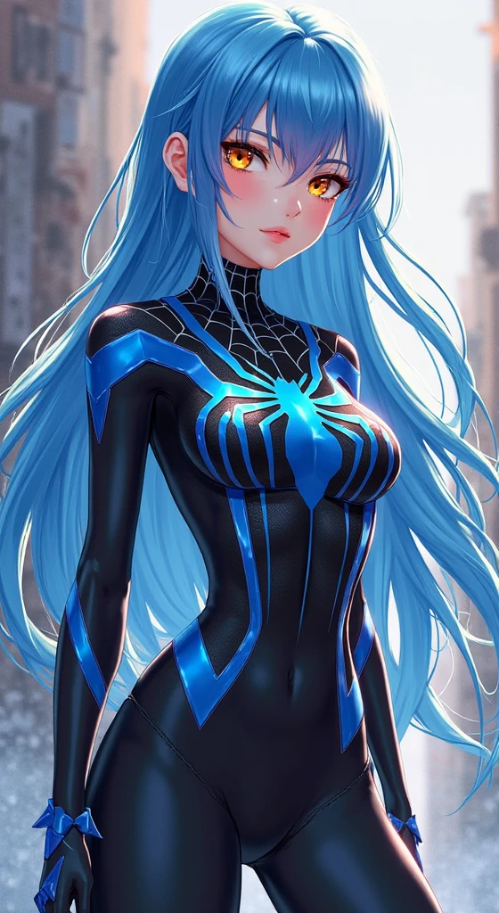 tmasterpiece,best qualtiy,8K,k hd,1girll,Human maiden,12year old,Young,Chu Chu pitiful,(((Blue curly hair))),By bangs, Bigchest,Eyes sparkle,(glowing light eyes:1.233),dressed as Spider-Man,Expose cleavage,(beautiful and detailed eye:1.1),Blushlush,beautiful cityscape,the night,(((cowboy lens)))