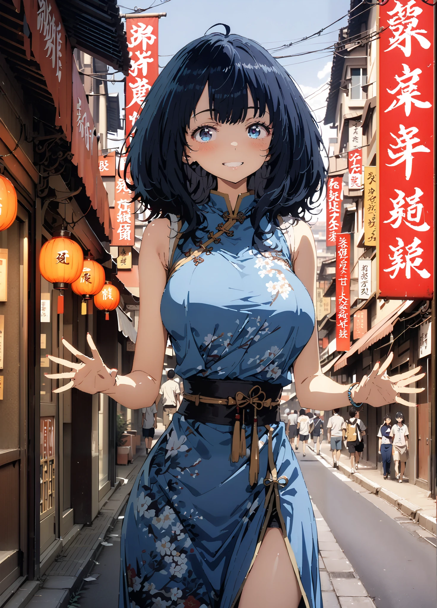 score_9, score_8_up, score_7_up,  source_anime, Anayanami ,Alone,  medium hair, blue eyes, stupid hair,  Lantern, medium chest, skirt,  shirt, Big Breasts,Blue sleeveless Chinese clothes,Long slit,pin heels,standing,Put your hands on your lower back,smile,blush, grin ,China, beautiful scenery,Beautiful cityscape,standing,full bodyがイラストに入るように,                           break outdoors, Chinatown,
break looking at viewer,full body,
break (masterpiece:1.2),highest quality , kampala, Unity 8K Wallpaper ,(shape:0.8),(  fine, beautiful eyes  :1.6),It's a person ,full body写真,CG Details , (perfect hands, complete anatomy),