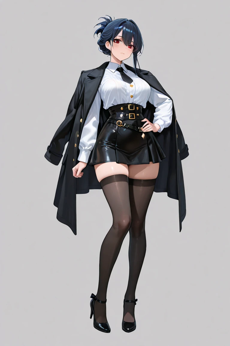 Best quality, masterpiece, big boobs, (large breasts), detailed skin texture, detailed cloth texture, detailed face, super detail, 8k, intricate detail, 1girl, blindfold on the right, blonde hair, white shirt, black suit