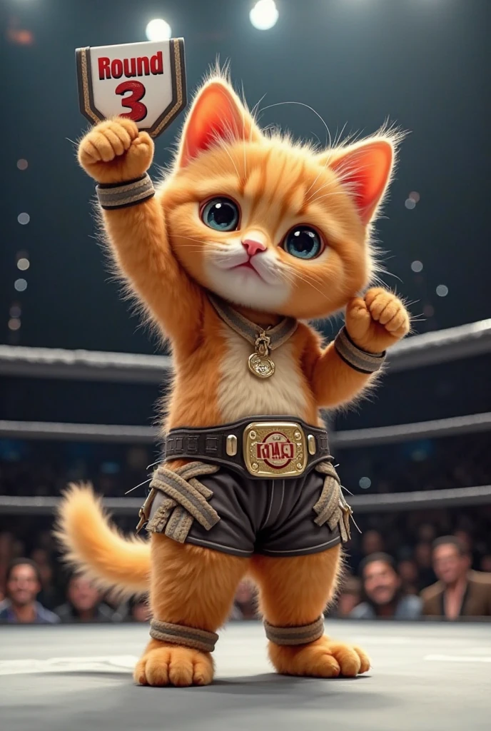 ((8k)), Highest quality, 超high resolution, A cat is in a boxing ring, Wearing boxer shorts, ((Has a championship belt)), Happy to raise both hands, ((Chuckle-Smile))