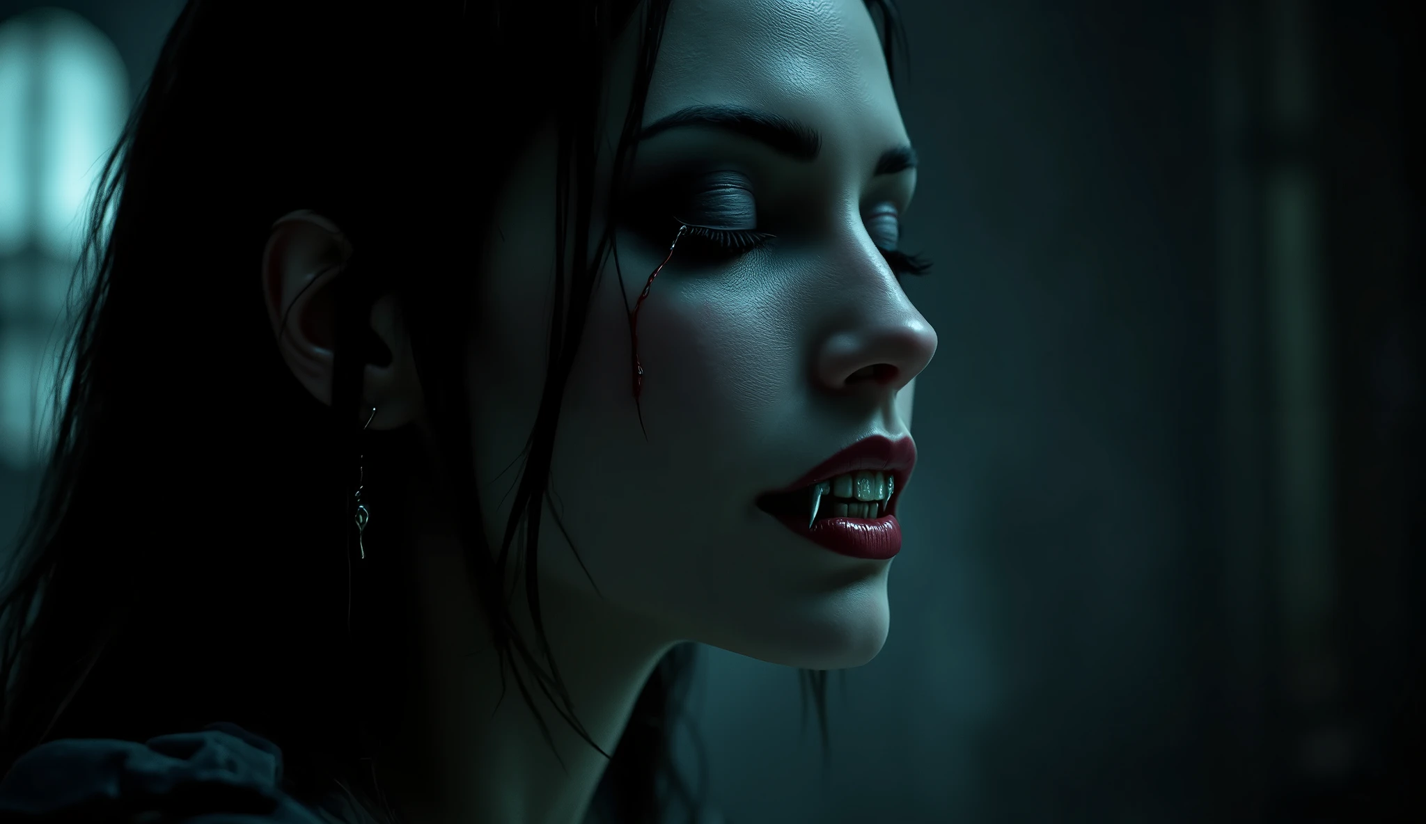 (((3/4 profile view))) Caucasian vampire woman with chrome fangs and sewn eyes, cinematic lighting, hyper detail, photo realistic