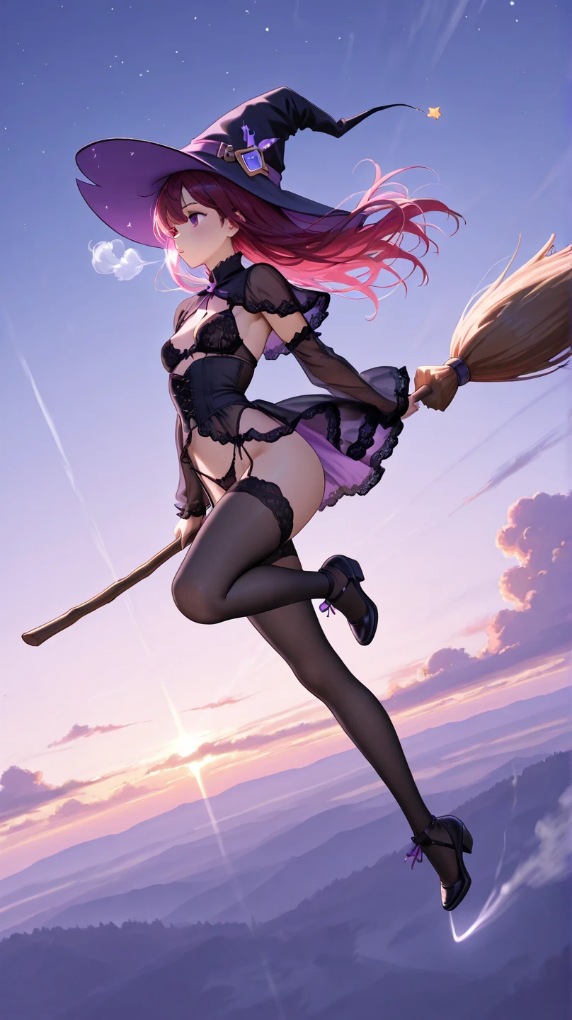 Highest quality, 4K, 8K, High resolution, masterpiece:1.2, Very detailed, Actual, Vibrant colors, Beautiful Eyes, A delicate smile, Blushed, Textured skin, masterpiece, High resolution, Highest quality, Blushed, Blushing ,lure,Show off your figure,Witch girl,The wind blows up my skirt,Adult Panties,Low rise,