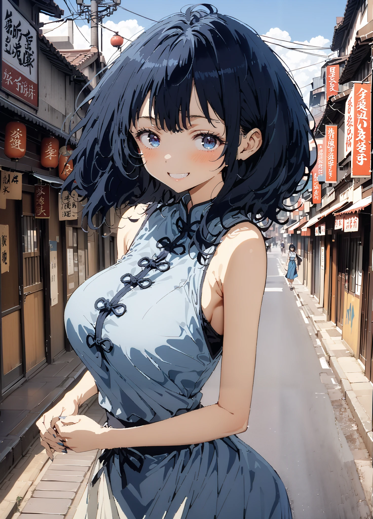 score_9, score_8_up, score_7_up,  source_anime, Anayanami ,Alone,  medium hair, blue eyes, stupid hair,  Lantern, medium chest, skirt,  shirt, Big Breasts,Blue sleeveless Chinese clothes,Long slit,pin heels,standing,Put your hands on your lower back,smile,blush, grin ,China, beautiful scenery,Beautiful cityscape,standing,full bodyがイラストに入るように,                           break outdoors, Chinatown,
break looking at viewer,full body,
break (masterpiece:1.2),highest quality , kampala, Unity 8K Wallpaper ,(shape:0.8),(  fine, beautiful eyes  :1.6),It's a person ,full body写真,CG Details , (perfect hands, complete anatomy),