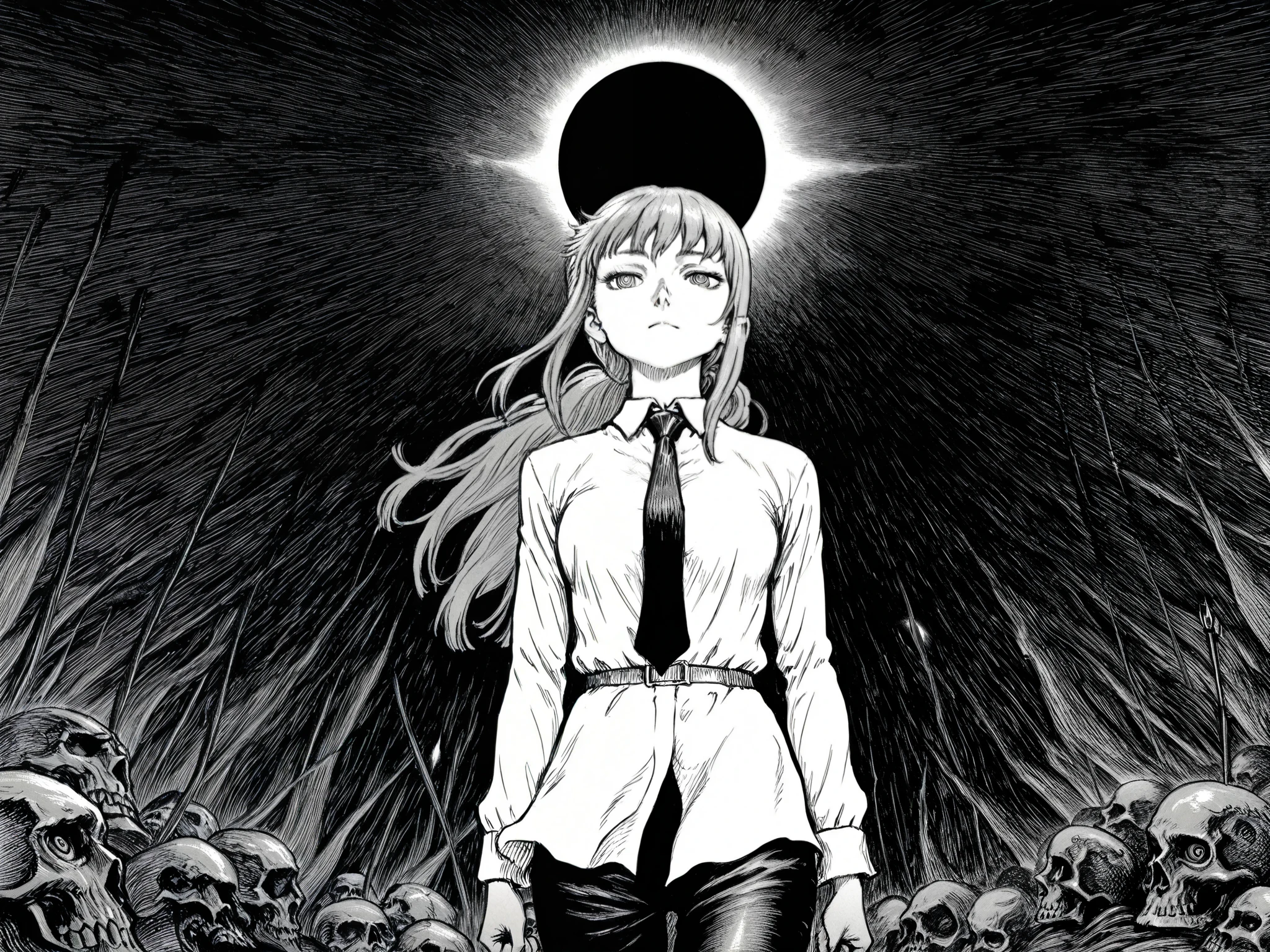 HDR, 8K, high contrast, masterpiece, best quality, amazing quality, very aesthetic, anime artstyle, realistic, newest,
BREAK
bounce light, hyperdetailed, detailed hair strands, detailed fibers, greyscale, (intricate hatching: 1.4)
masterpiece, semi-realism, monochrome, manga, inking, detailed, hyperdetailed,
engraving artstyle, hatching /texture/, contour lines, monchrome, greyscale, masterpiece.hyperdetailed, absurdres, detailed background, foreshortening, perspective, dynamic angle, very aesthetic, 1girl, solo, makima, long hair, ringed eyes, white collared shirt,black necktie, black pants, 1girl, solo, alone, female focus, upper body, hand sign, hand gesture, kentaro_miura_style, eclipse, monster, skull, monochrome, greyscale, masterpiece, highres