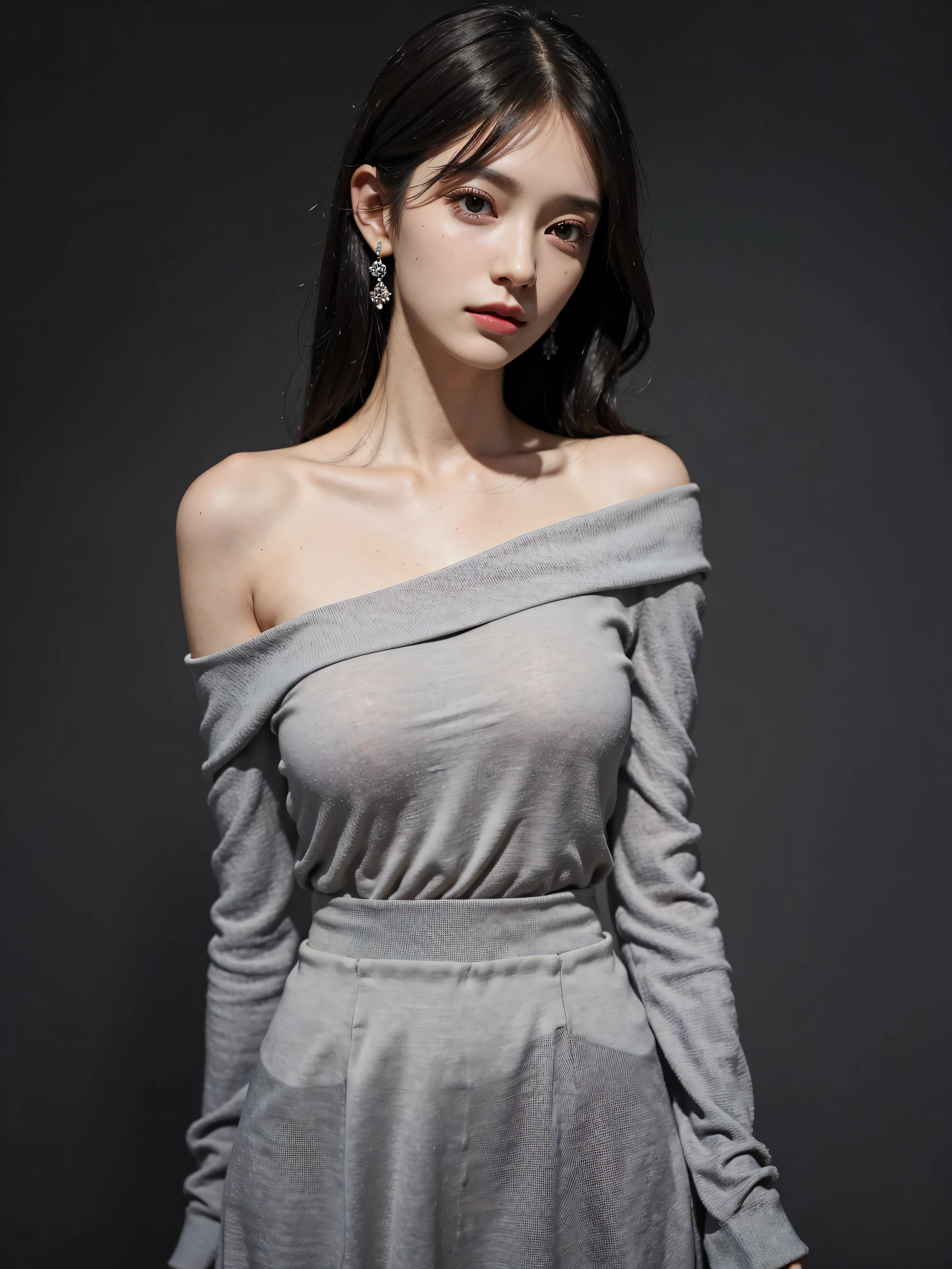 ((best quality)),absurdres,(ultra high res),octane render,(hyperrealistic:1.2), (photorealistic face:1.2), most beautiful woman, sexy purple top, long sleeves, sexy long skirt, bare shoulder, modeling, perfect female body, (realistic:1.7), (8k), (Masterpiece), (realistic skin texture), (studio lighting),(beautiful eyes:1),