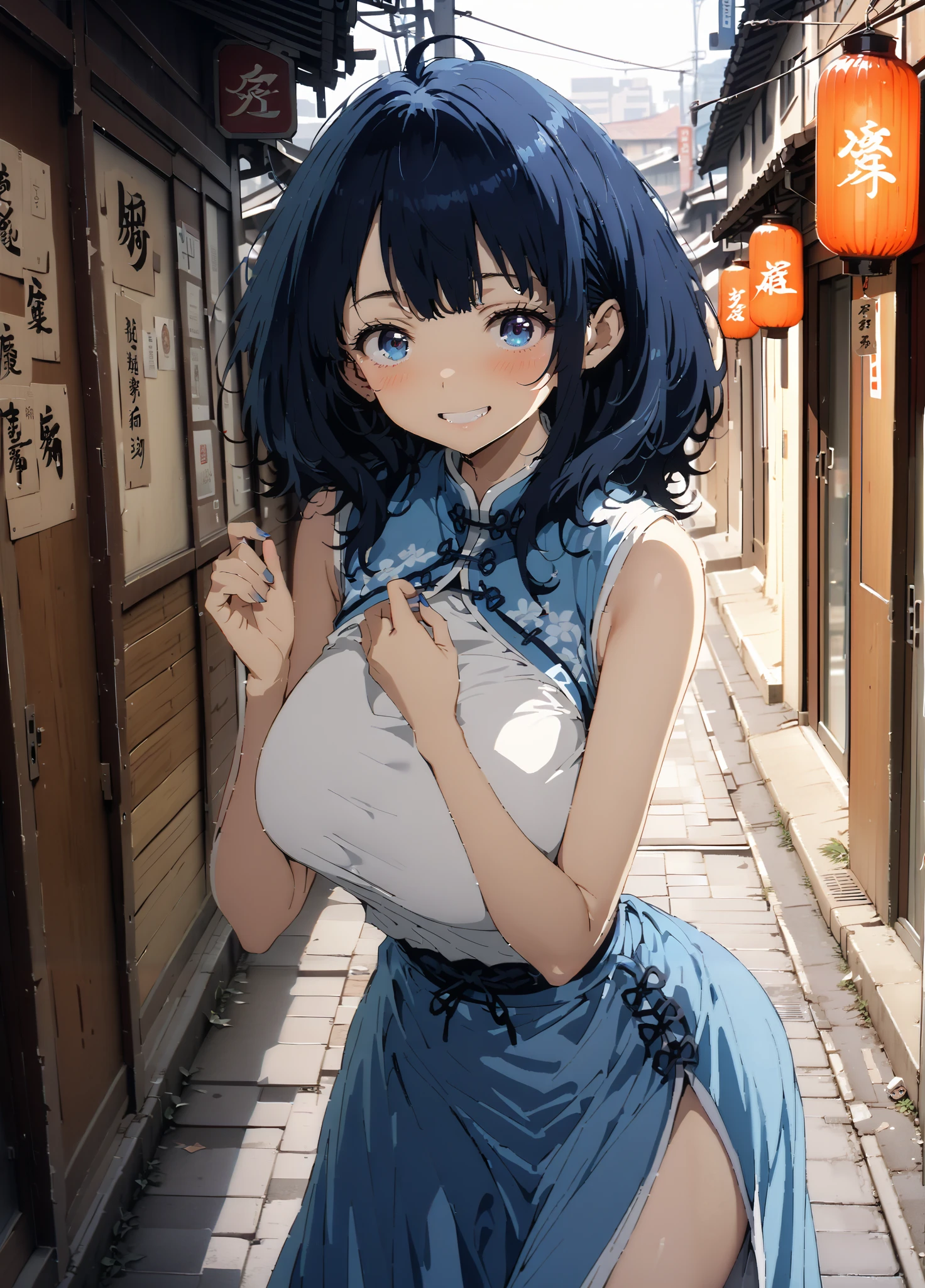 score_9, score_8_up, score_7_up,  source_anime, Anayanami ,Alone,  medium hair, blue eyes, stupid hair,  Lantern, medium chest, skirt,  shirt, Big Breasts,Blue sleeveless Chinese clothes,Long slit,pin heels,standing,Put your hands on your lower back,smile,blush, grin ,China, beautiful scenery,Beautiful cityscape,standing,full bodyがイラストに入るように,                           break outdoors, Chinatown,
break looking at viewer,full body,
break (masterpiece:1.2),highest quality , kampala, Unity 8K Wallpaper ,(shape:0.8),(  fine, beautiful eyes  :1.6),It's a person ,full body写真,CG Details , (perfect hands, complete anatomy),