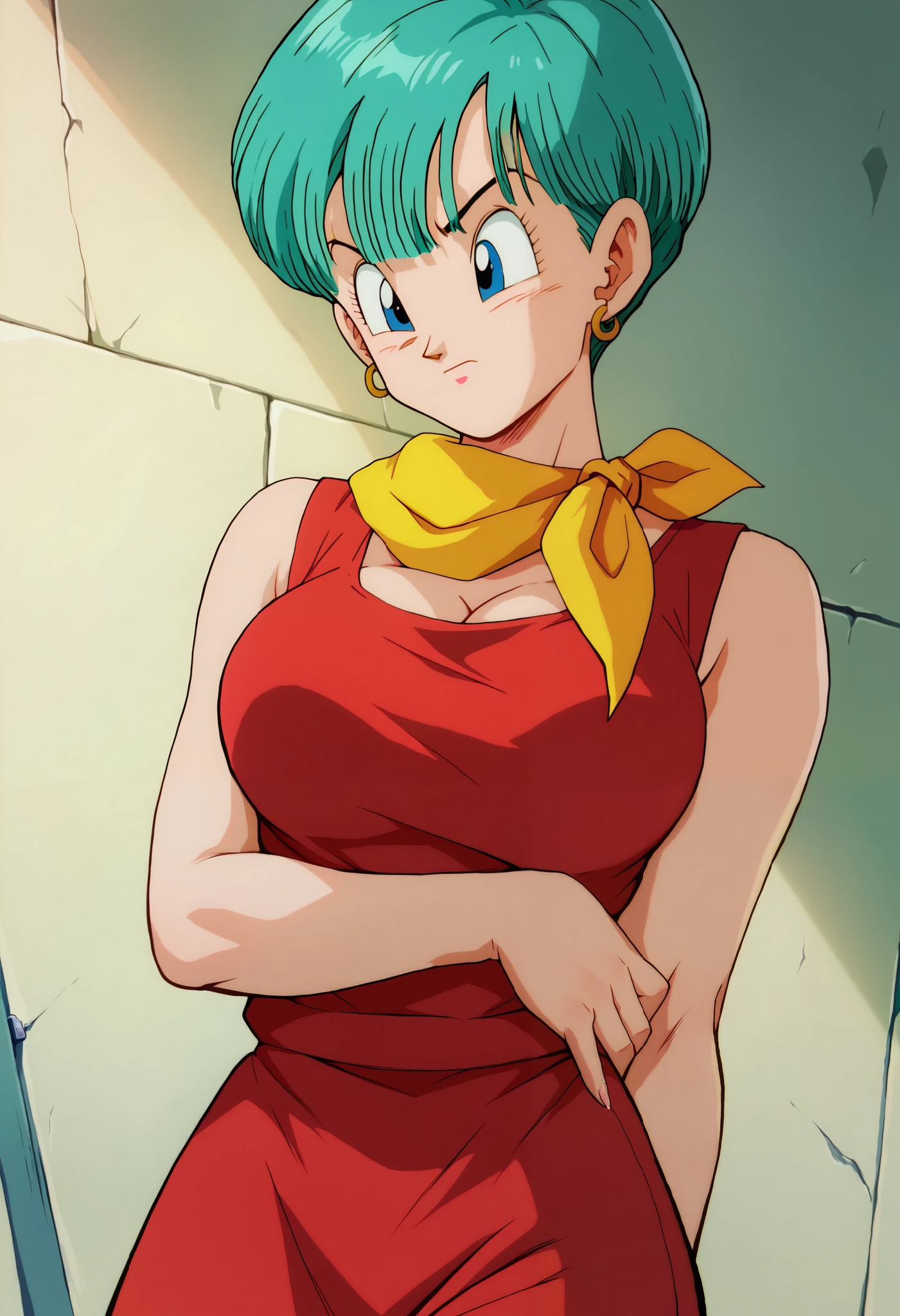 score_9,score_8_up,score_7_up,Bulma, aqua colored hair, blue eyes,(aged up:1.4),big breasts,yellow scarf wrapped around her neck, red dress, yellow boots, trailers.