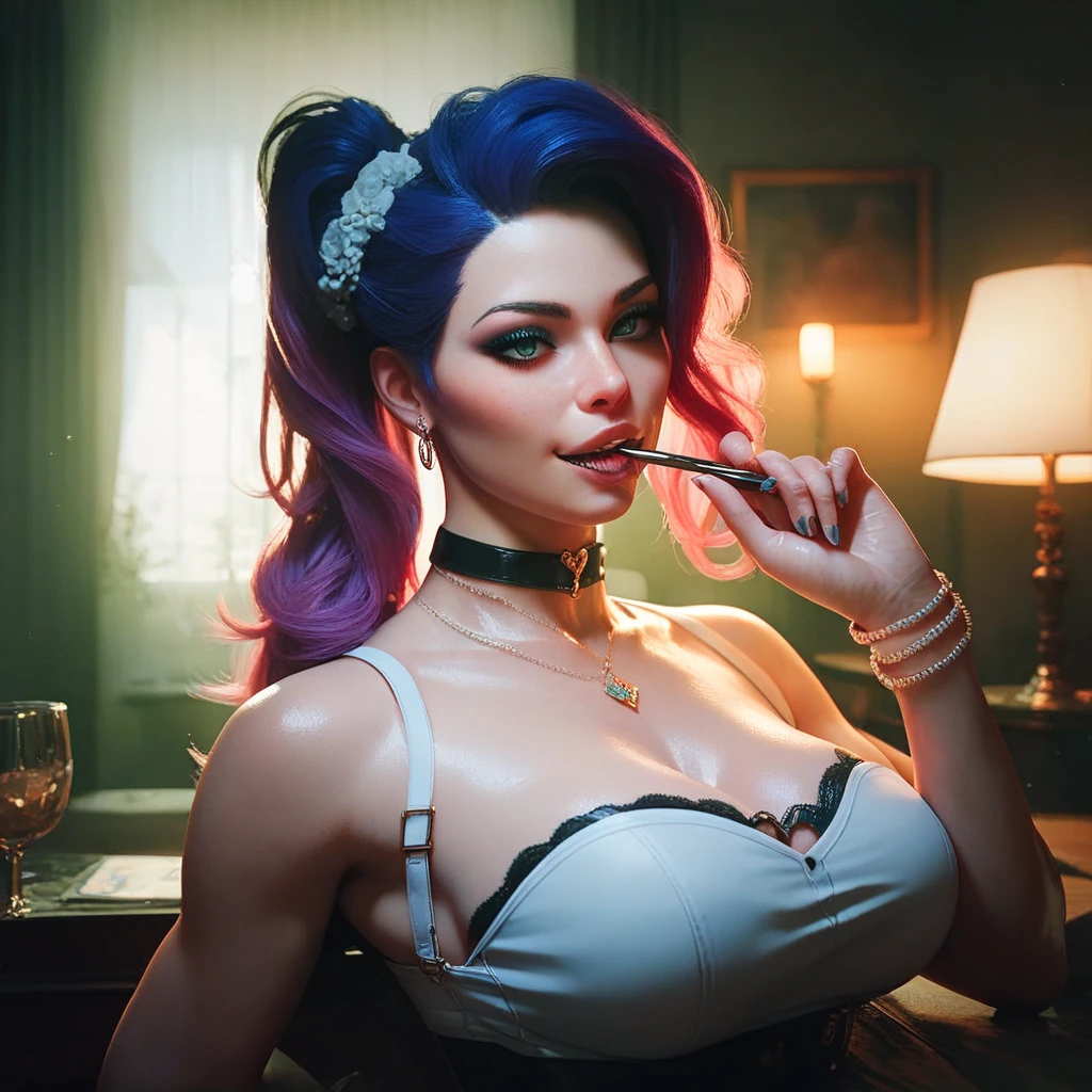 Lucy Pinder, portrait, mouth wide open, ((eyes closed)), (Adele), ((very intense makeup)), voluptuous, cleavage, lace, sexy dress, ((singing)), purple hair, ponytail, hat, white bra, jacket, black shorts.