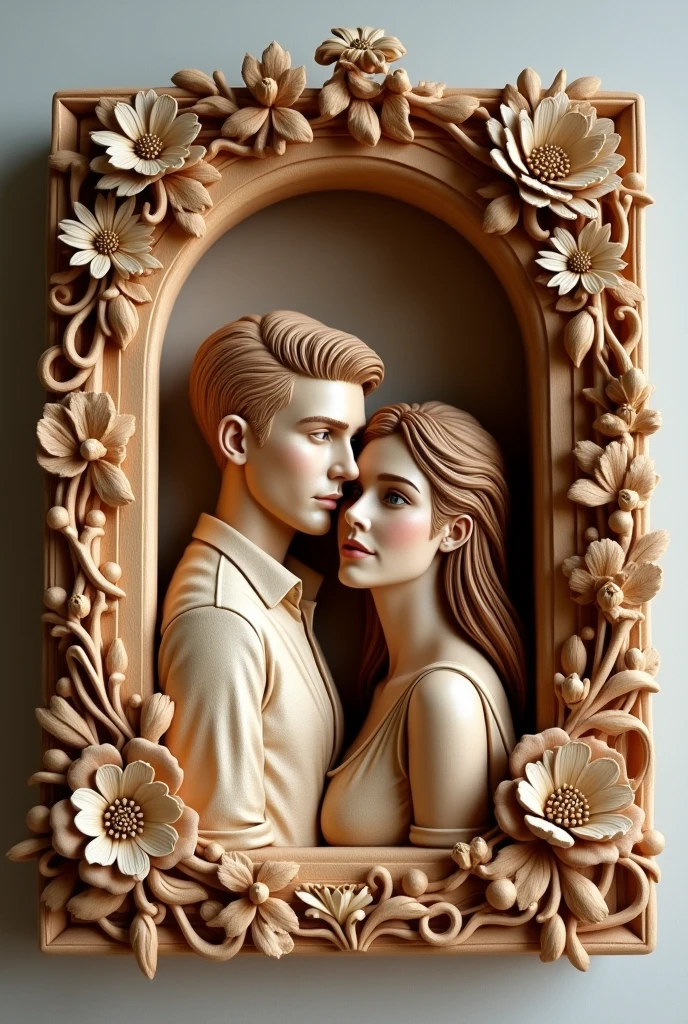 wood painting, all made of wood, the finest carvings, lines and ornaments, wooden zentangle, full-face portrait of a couple in love