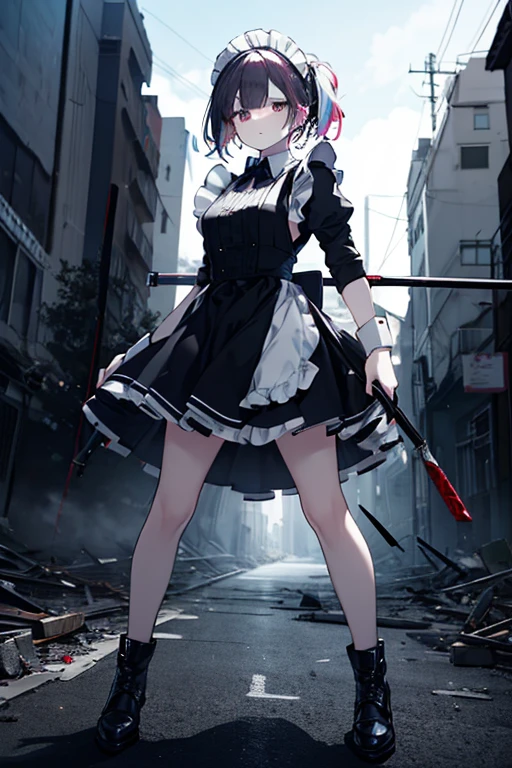 1 girl, masterpiece, best quality, fair skin, light purple hair, short hair, red pupils, corset, skirt, slit, blue rose axe, blue rose, ruins at night, grave, anime