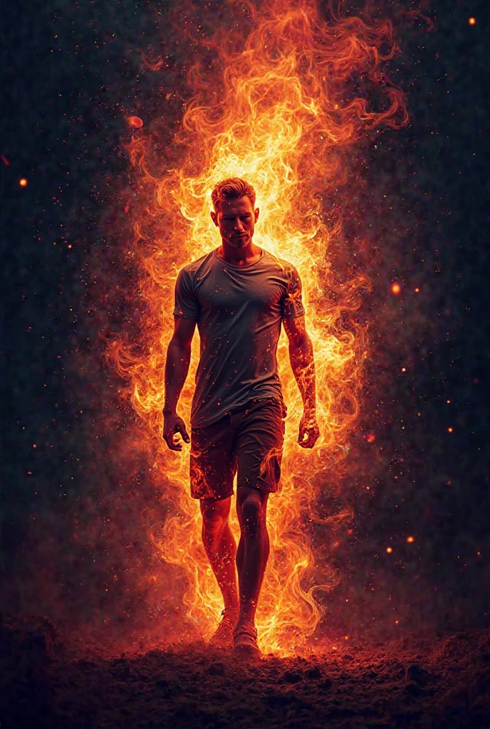 Image of fire, red-haired Scandinavian god Loki, with six-pack abs, in swimming trunks with ducks, full hd