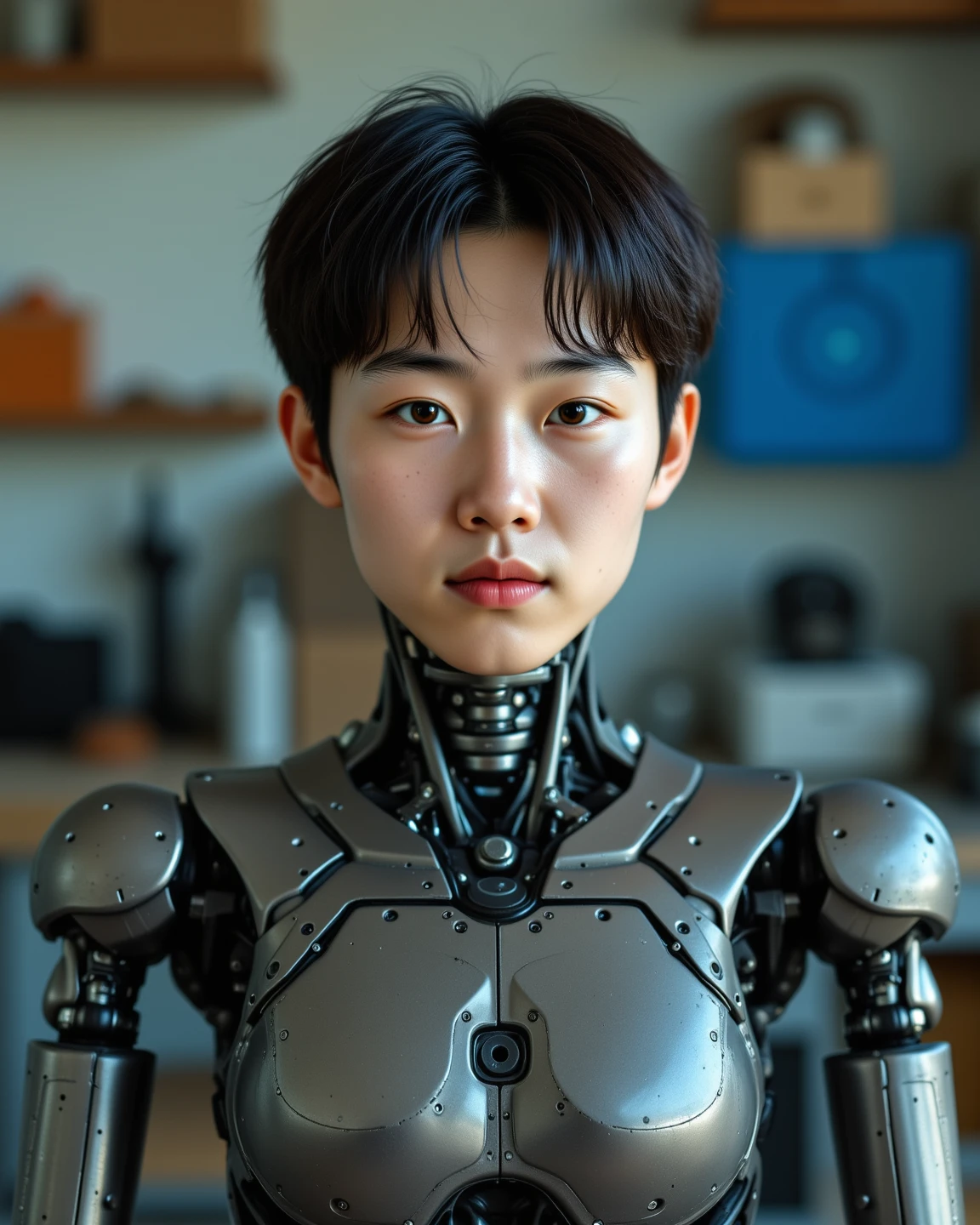 Chinese boy is a 12-year-old robot schoolboy,Multi-line design,A futuristic,Mechanical heart,Bust photo,teachers
