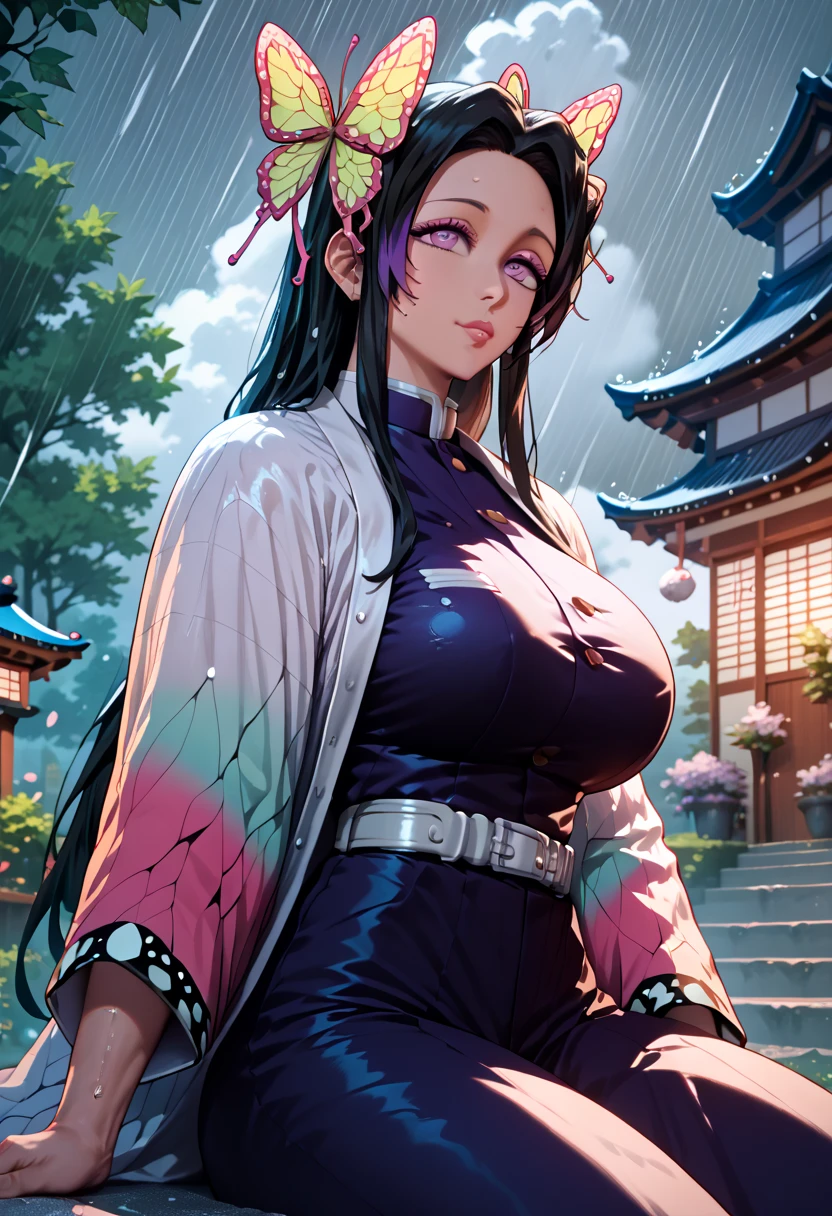 masterpiece, best quality, shigure kosaka, brown eyes, long hair, black hair, ponytail, hair ribbon, black choker, pink kimono, purple thighhighs, sandals, outdoor, shy, seductive smile, <lora:shigure kosakaV1:1>