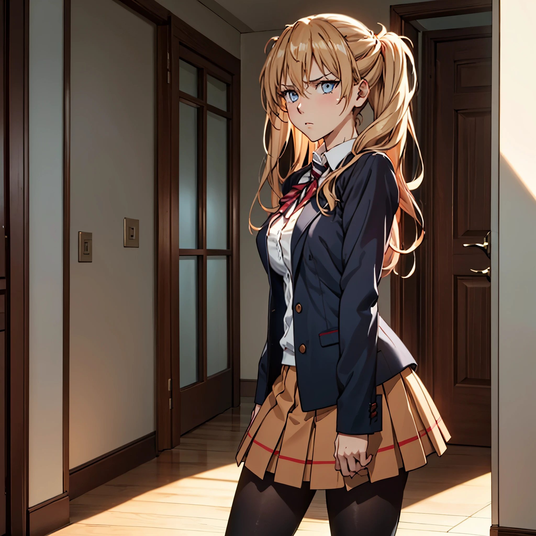 ((masterpiece,best quality)), highres, , extremely detailed 8K wallpaper, depth_of_field, best shadow, (Colorful),(Delicate eyes and face), nice hand, Perfect hands, (no lighting), Ray tracing, ((((solo)))), 1 girl, beautiful girl, sharp eyes, long orange hair with twintails, sharp blue eyes, pissed off expression, light brown school uniform, blazer with long sleeves, light brown miniskirt, very big breasts, (thick thights), tights, solo, solo, (solo), crossed arms, standing, corridor, house
