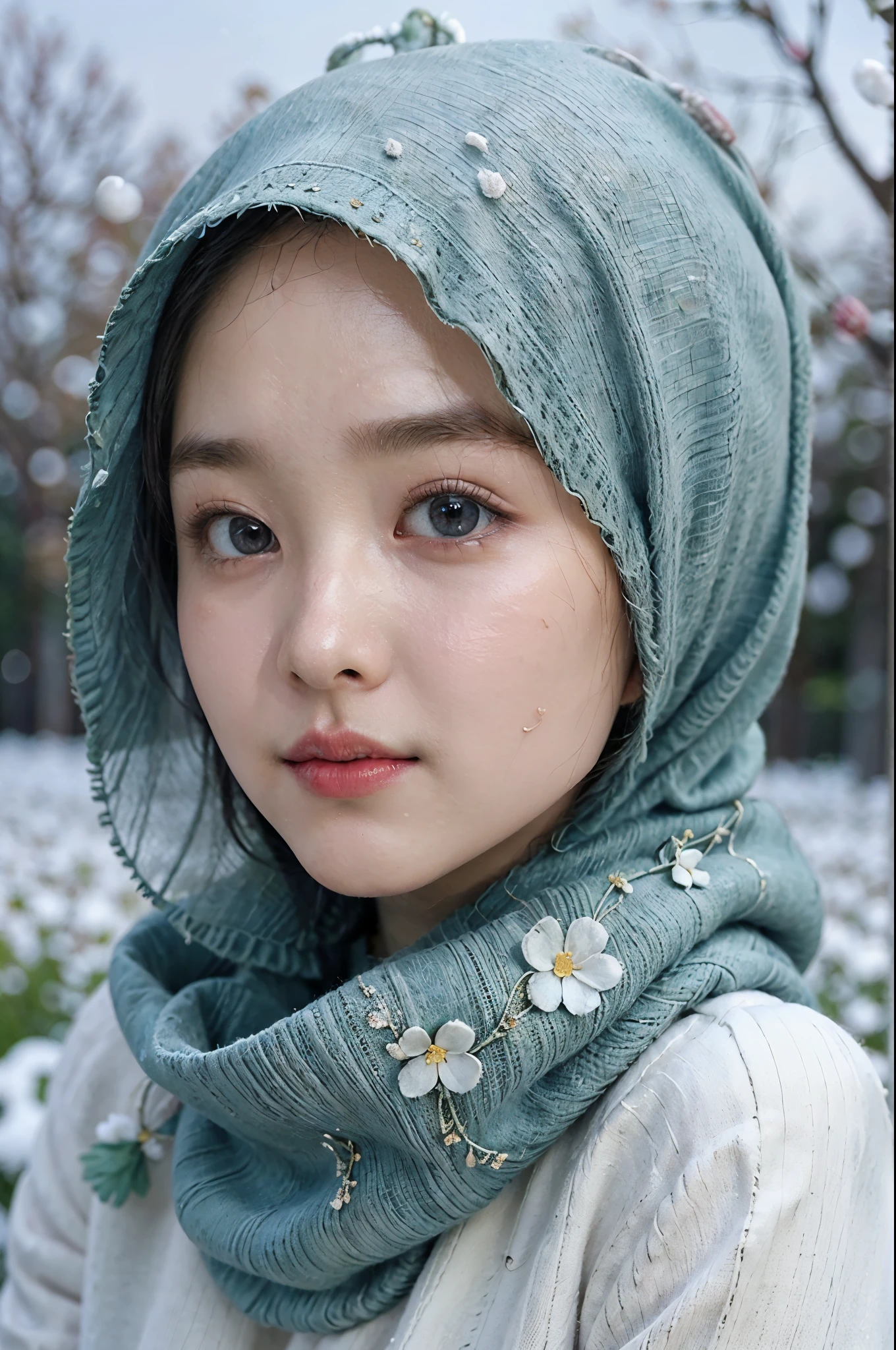 top-quality close-up portrait, ((Beautiful korean girl, wearing pashmina hijab, oversized sweater, longsleeve, cotton):1.5), bewitching face, (((PByoung) likeness):1.4), ((beautiful detailed eyes, cute greeney eyes, beautiful detailed lips, small nose, detailed flawless face, round face shape, simple make-up):1.3), ((Elegant looks:1.3)), mesmerizing expression, allure gaze, ((slim body, slender body posture, soft and smooth skin, natural skin tone):1.4), ((cute girl, elegant pose):1.42),Detailed smooth photorealistic, stares at the camera, ((flowers field background, snowy atmosphere, bokeh):1.3), ((vivid colors, cinematic lighting photon mapping, high contrast, intricate details, perfect composition, artistic photograph, 8k, smooth photorealistic, masterpiece):1.3), ((wide angle, seen from forward):1.2))