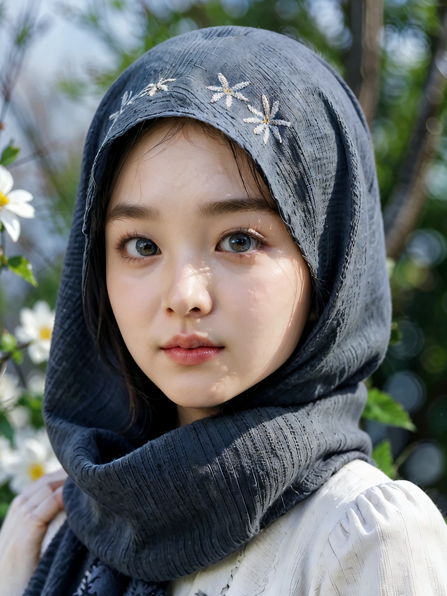 top-quality close-up portrait, ((Beautiful korean girl, wearing pashmina hijab, oversized sweater, longsleeve, cotton):1.5), bewitching face, (((PByoung) likeness):1.4), ((beautiful detailed eyes, cute greeney eyes, beautiful detailed lips, small nose, detailed flawless face, round face shape, simple make-up):1.3), ((Elegant looks:1.3)), mesmerizing expression, allure gaze, ((slim body, slender body posture, soft and smooth skin, natural skin tone):1.4), ((cute girl, elegant pose):1.42),Detailed smooth photorealistic, stares at the camera, ((flowers field background, snowy atmosphere, bokeh):1.3), ((vivid colors, cinematic lighting photon mapping, high contrast, intricate details, perfect composition, artistic photograph, 8k, smooth photorealistic, masterpiece):1.3), ((wide angle, seen from forward):1.2))
