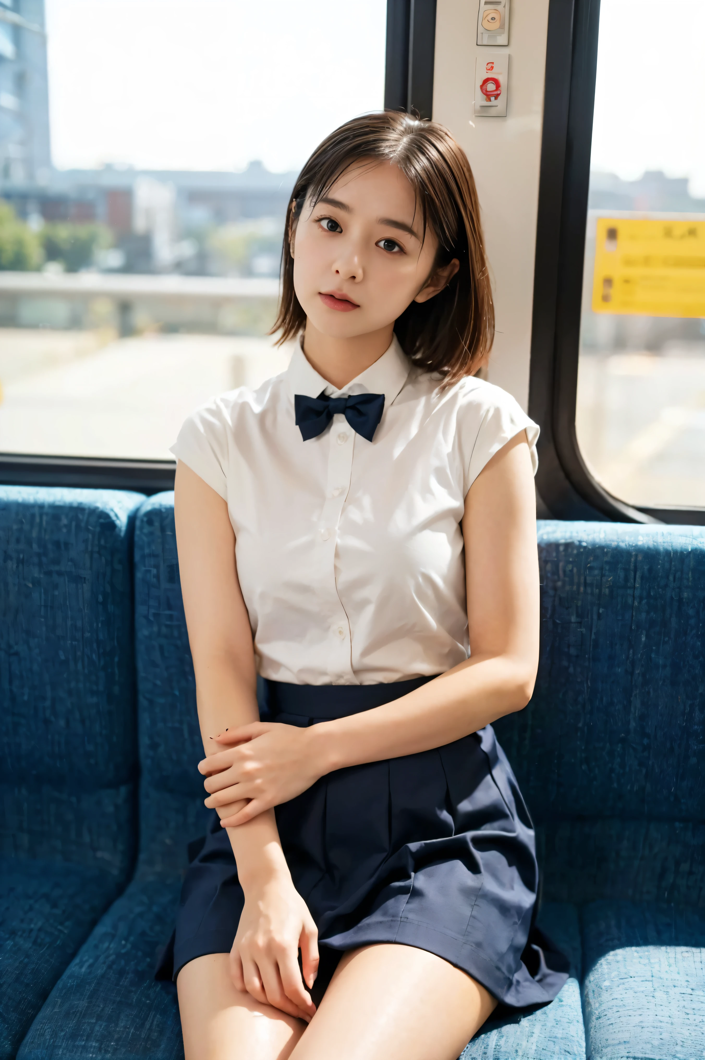 masterpiece, High resolution, Ultra High resolution, 4K, perfect hands,Black Hair, Japanese Girls, Navy blue Uniform skirt, White shirt, bow tie, Accentuate your thighs, White thighs, Soft thighs, Shiny thighs, Sitting on a train, Facing angle, Angle from below, Sitting on a train Seat, Sit in front, Zoom camera to hip joint, Put your feet on the train floor, whole body, Looking down and sleepy, Watch only viewers, Highest quality, Ultra High resolution, Realistic, High resolution, detailed, RAW Photos, sharp, Nikon Film Pictures, Images and Stock Photos, Rich lens color, Ultra-realistic and realistic texture, Dramatic lighting, Unreal Engine,