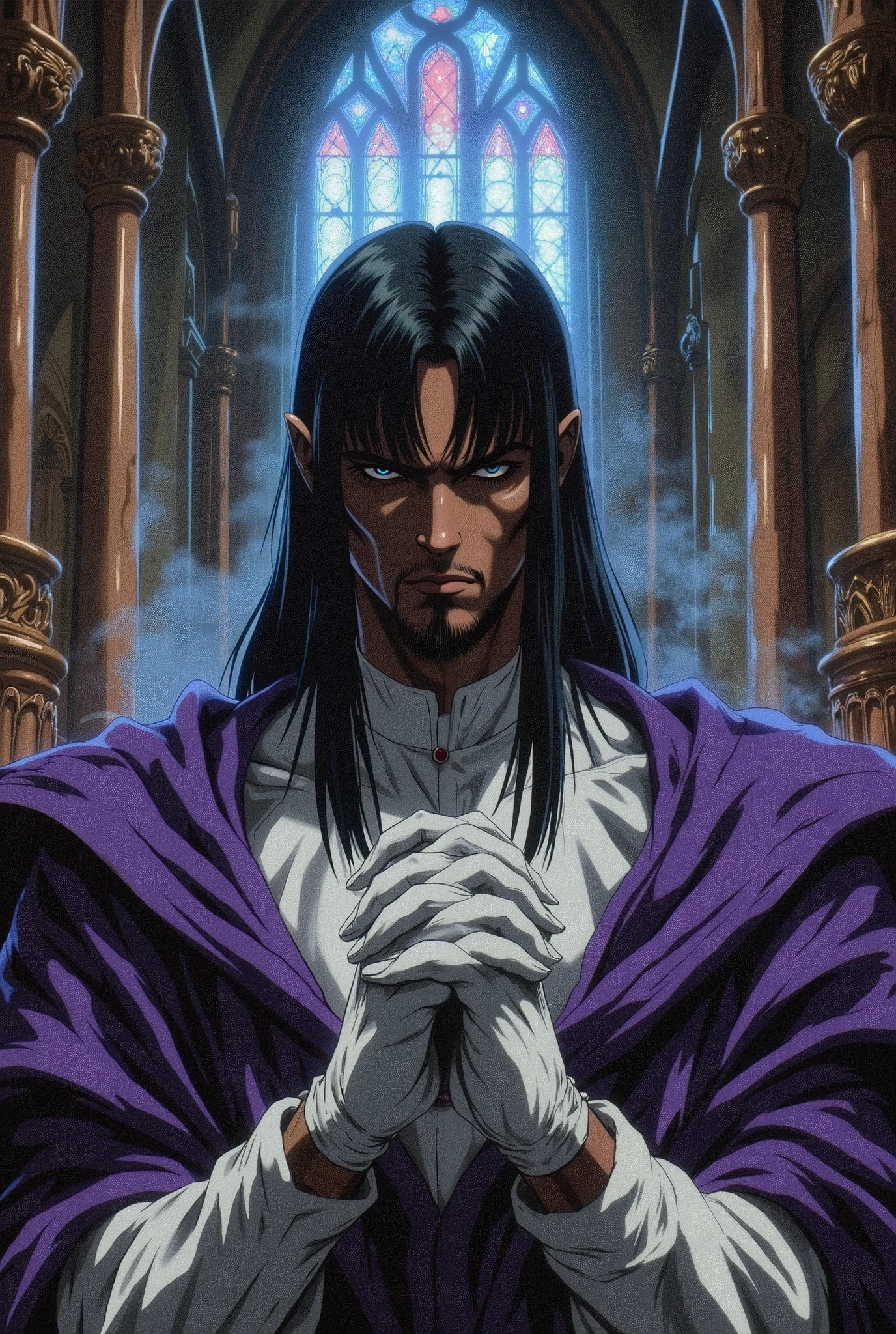 dark-skinned man, black hair cut low on the sides with long bangs covering his left eye, pointed goatee, dressed in priest's attire, white gloves, purple clerical stole, superior look and sarcastic smile, inside a church