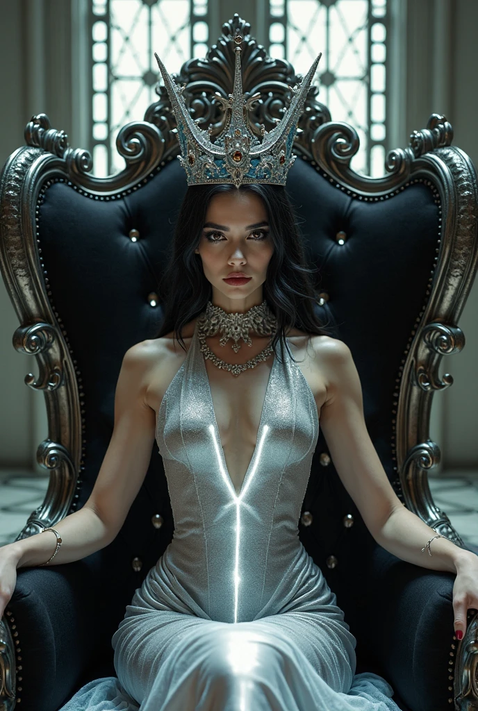 (masterpiece, photorealistic:1.4, extremely intricate:1.3), (photon mapping, radiosity, physically based rendering, ultra resolution, hyper-realistic, 8K), skinny nineteen female, (((([medium breasts:large breasts:0.7], humid, humid, smirking, mirth, 19 years old, openlegs, lounging ((iceblue evening gown chrome filigree, elegant:1.0)), portrait)), upper torso, long eyelashes, makeup:1.2), [skin detail:freckles:0.5], clear brown eyes), indoors, ornate black chrome throne, tilt, tilted, (((background medieval stone castle throne room))), professional photograph elegant:1.2 girl, body tattoo:1.4, ((long black wavy hair)), sharp focus, dramatic, award winning, cinematic lighting, BREAK pubic hair, ((film grain, cinematic candles), bokeh, interaction)
