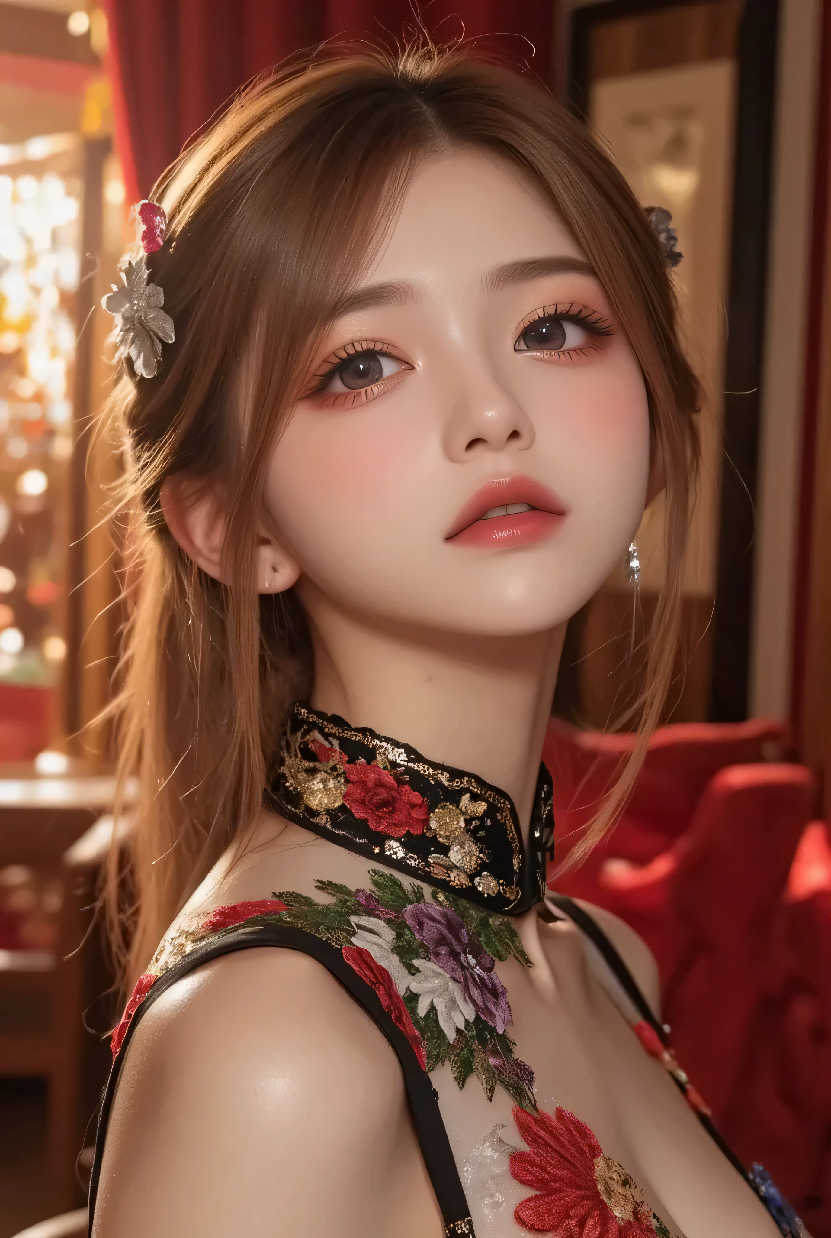 Yor Briar, Beautiful woman in anime style, One girl,whole body, Happy, 笑face, red face, Mouth closed, Beautiful attention to detail, Highly detailed skin, Backlight, Bare shoulders, Black background, black dress, black gloves, Black Hair, chest, dress, Earrings, fingerless gloves, Floating Hair, flower柄プリント, flower, gloves, gold Earrings, gold hair band, hair flower, hair ornaments, hair band, Holding, Holding arms, jewelry, large chest, Long Hair, View your viewers, off-shoulder dress, Off the shoulder,Red eyes, Long Hairの短い髪, Side Lock, alone, spike, Thighs, two-sided dress, Double-sided fabric, arms, Combat Stance , face, close, From above, Highest quality, High resolution.
