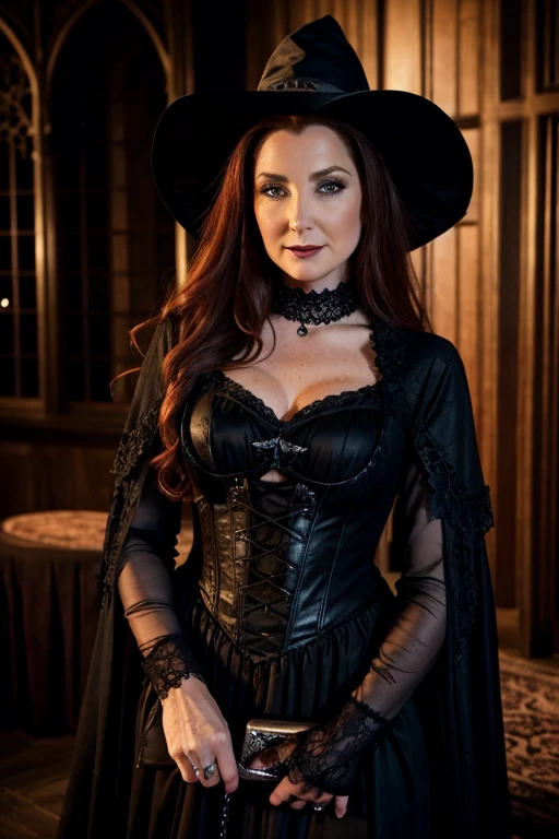 high quality photograph mid-aged redhead woman, 6 feet tall height, angry face expression, detailed face, (angry expression), shiny and pale skin, extremely long messy hair, mature woman, wearing black dress Victorian era apparel, slim body, 45 year old woman, revealing clothing, detailed clothing, cleavage, huge breasts, large natural breasts, (round and fleshy), witchcraft, occultism, at full moon night, in the middle of a field of grass, creepy old wooden cabin in the background. detailed surroundings. lustful physique, seductive figure that captures attention, [depth of field] ((intricate detail, Detailed textures)), bright lighting, soft lighting, Global illumination, Clear facial features, 85mm, 100mm lens, F /1.8 (Create ultra-detailed image textures, capturing every detail with precision)