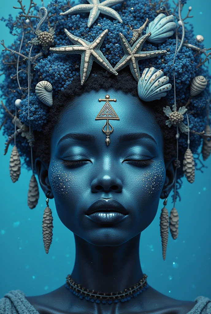 barnet,iemanjá The Orixá Girl, (((child smiling))),sorrindo,dentes brancos,(((Sorriso aberto))), HAPPY CHILD goddess of the oceans, Ioruba, Yoruba deity, olhar de menina, sensivel, sorrindo, belo, Props in shades of blues, vestindo um ade detalhado e intrincado, cosmic goddess,Afrofuturista, fundo azul