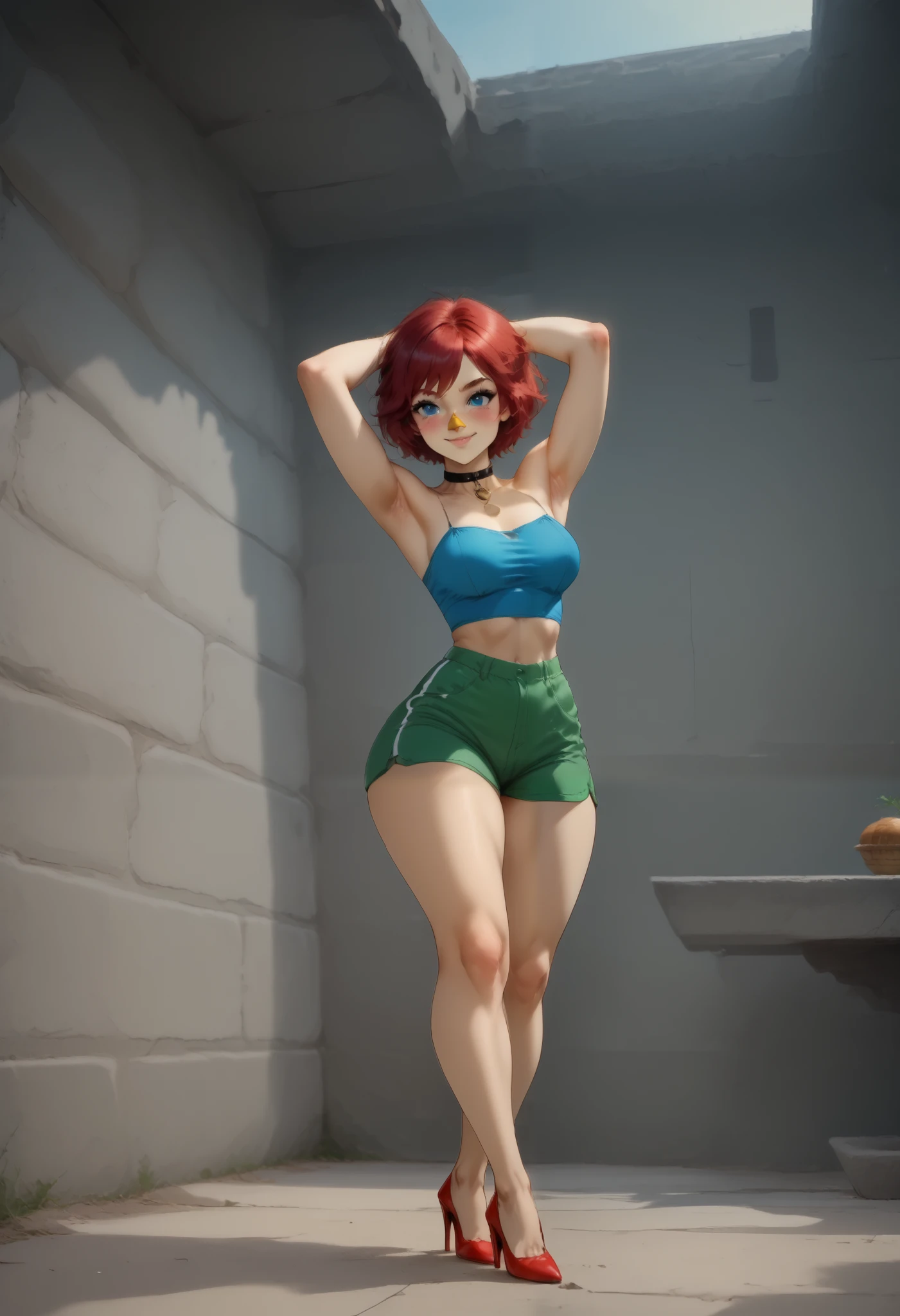 (((Best Quality, 8K, Masterpiece: 1.3)), Full Body, Focus Clear: 1.2, Outstanding Beauty: 1.4, Slender Abs: 1.2)), dynamic angle, wide view, wide-angle lens, extremely detailed, CG, 8k Amazing, finely detail)), (intricate details, depth of field), 8k UHD, ((amazing quality,very aesthetic,absurdres,best quality,newest, masterpiece, ultra detailed, best quality, beautiful face, perfect anatomy, anatomically correct, athletic sexy body)), Expressiveh, (cute face, cute body))), (((((violeta herrera, anthro, furry, furry female, score_9, score_8_up, vi0leta, bird, beak, aviar, colored skin, ((yellow skin, body fur)),yellow body fur, red hair, short hair, blue eyes, chocker, blue crotchet top, green shorts shorts,high leg thong , red heels))))), ((large breasts, slim sexy body, curvy hips, seductive pose, flirting, naughty face, blush)))), (((looking at viewer, happy smile, joy, cowboy shot, dynamic pose)))), curvy, toned, athletic, sitting, crossed legs, hands up (((seductive pose, sexy pose, cowboy pose)), indoors,((hourglass figure)), ((pinup pose, seductive pose,dynamic pose, seductive), ((precise face and eyes:1)) , ((((rear view, ((front view, medium angle shot, sitting, crossed legs, legs up, hand on hips, looking at back, full body shot, hourglass figure, wide hips)))), fantasy, outdoors, ((highly detailed, highres, 8k, uhd, High Dynamic Range, tonemapping, crisp details, intricate details, fine details)), (spreating legs, bend over, show legs)