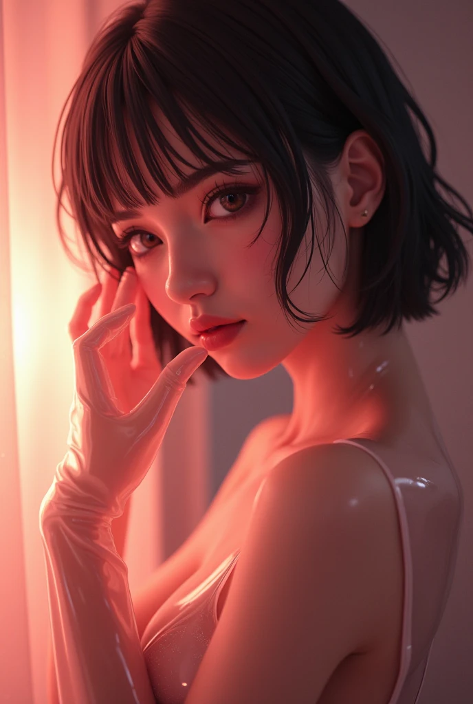 a beautiful woman with short hair, tight leggings showing panties, fit body with prominent curves, ultra-detailed skin, (best quality,4k,8k,highres,masterpiece:1.2),ultra-detailed,(realistic,photorealistic,photo-realistic:1.37),HDR,UHD,studio lighting,ultra-fine painting,sharp focus,physically-based rendering,extreme detail description,professional,vivid colors,bokeh,portraits,photography,colorful,soft lighting,smiling,gorgeous,flawless,wet clothes