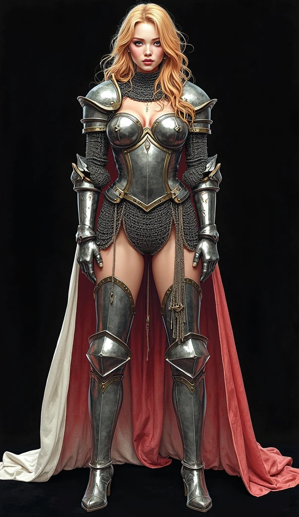 Character: Gender: Female Age: Mature (combines "veteran warrior" and "milf") Body type: Strong and athletic Skin: Very purple Hair: (details missing from prompt, can be added later) Attire: Armor: Full body, heavy armor (preferably red accents) Clothing: Red cape Adventurer's outfit (suggests practicality and readiness for exploration) Brown leather boots Pose: Full body standing Straight posture Symmetrical (implies a confident and imposing stance) Additional Notes: Avoid overly sexualized terms ("bimbo") Consider replacing "milf" with a descriptor that emphasizes experience, like "seasoned warrior" Optional details you can add: Hair color and style (e.g., long flowing braid, short and practical) Specific details about the armor (e.g., decorated breastplate, ornate helmet) Facial expression (e.g., determined, stoic)
