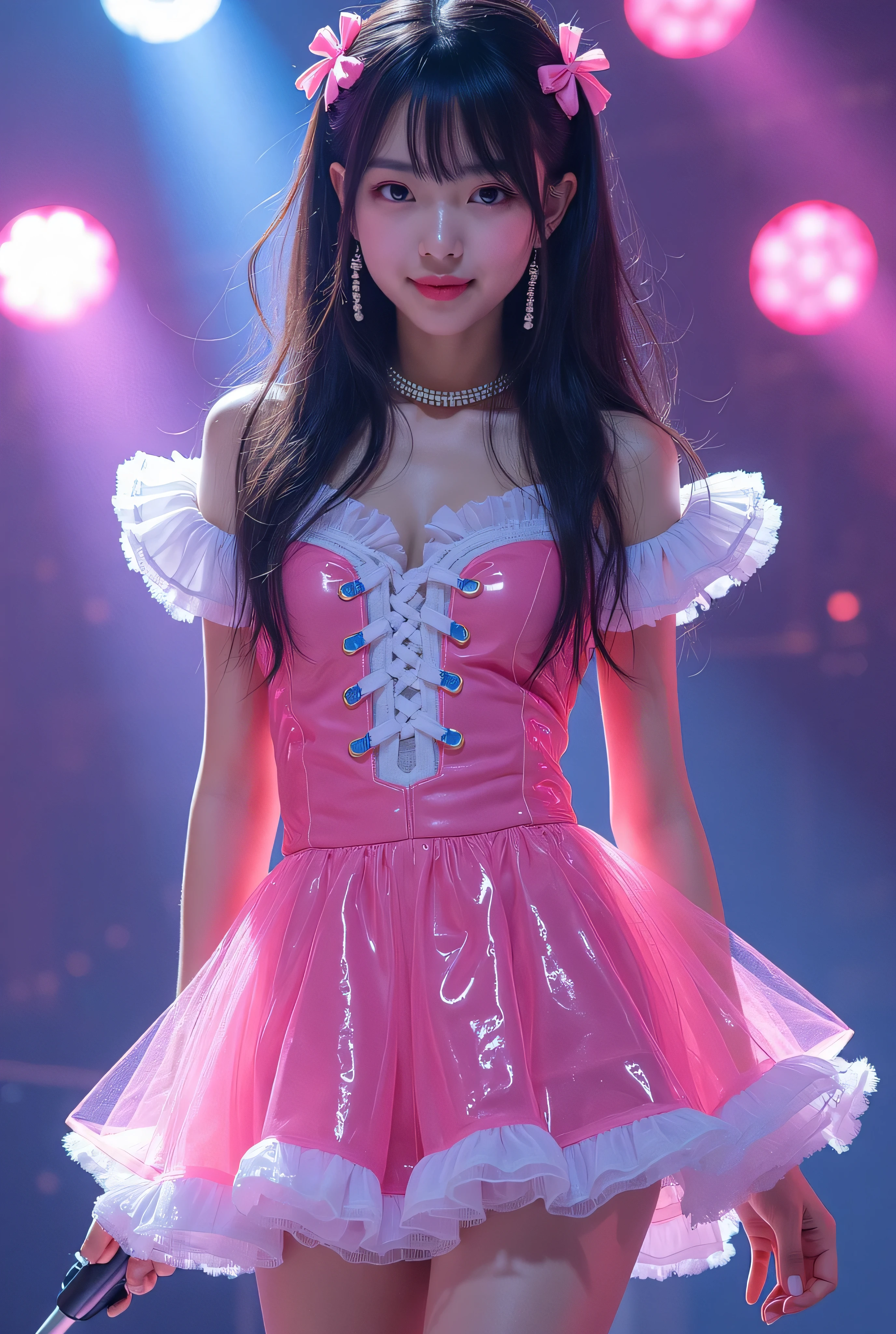Create a highly detailed, realistic image of a young woman with long, dark hair styled with two small pink bows on either side. She is wearing a vibrant and transparent shinning glossy pink short dress that has a layered, frilly design with white ruffled edges on the sleeves and neckline. The dress has intricate lace-up details on the front, with white ribbons crisscrossing over the bodice. A large, white bow is tied around her waist, and the skirt is layered with multiple ruffles, alternating between white and pink frills. The upper part of the dress has a mix of white and blue accents, especially around the shoulders, giving it a lively, idol-like appearance. The girl’s expression is cheerful and playful, with a radiant smile, captured both in performance and posing with a slightly pensive look. Ensure that her outfit appears shiny and glossy, reflecting stage lights, and incorporate a vivid, performance-like atmosphere in the background. Some Lights shooting around, she hold microphone, head thighs portrait,
