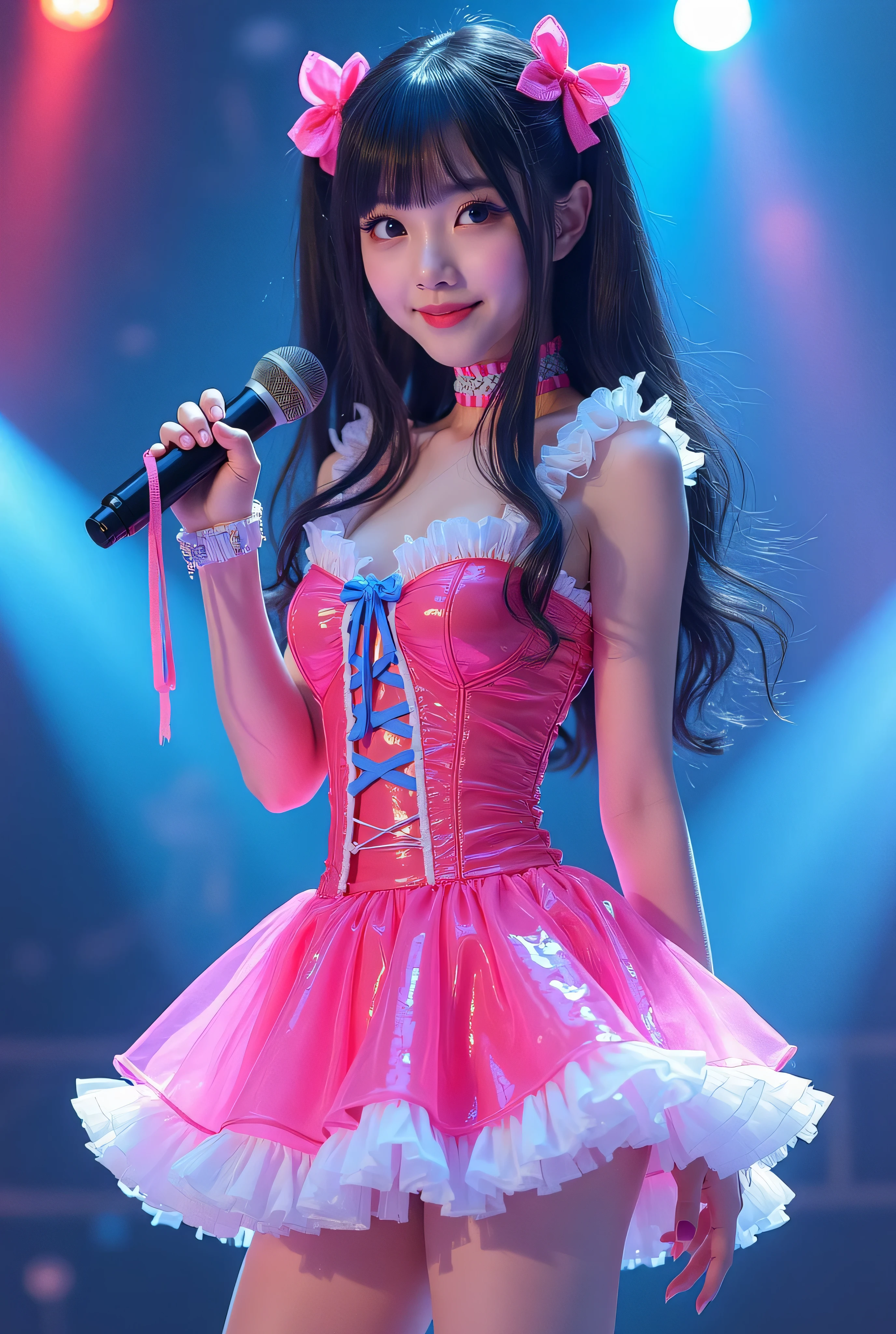 Create a highly detailed, realistic image of a young woman with long, dark hair styled with two small pink bows on either side. She is wearing a vibrant and transparent shinning glossy pink short dress that has a layered, frilly design with white ruffled edges on the sleeves and neckline. The dress has intricate lace-up details on the front, with white ribbons crisscrossing over the bodice. A large, white bow is tied around her waist, and the skirt is layered with multiple ruffles, alternating between white and pink frills. The upper part of the dress has a mix of white and blue accents, especially around the shoulders, giving it a lively, idol-like appearance. The girl’s expression is cheerful and playful, with a radiant smile, captured both in performance and posing with a slightly pensive look. Ensure that her outfit appears shiny and glossy, reflecting stage lights, and incorporate a vivid, performance-like atmosphere in the background. Some Lights shooting around, she hold microphone, head thighs portrait,