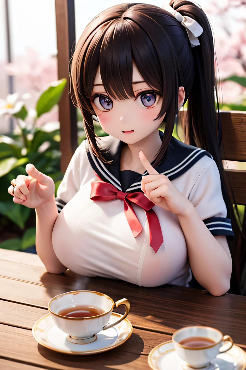highest quality、High Resolution、(high image quality:1.4)、masterpiece、detailed background、(very detailed faces:1.3)、(detailed eyes:1.2)、age beauty、( huge breasts:1.3)、(Normal number of fingers:1.3)、anatomically correct、perfect body line、Bright-colored hair、ponytails for beautiful people、Spring Cafe Terrace、Petals that Fly Softly、 cafe terrace seat、

(A woman who spends a relaxing time wrapping a cup of tea with both hands:1.5)、

 Accidental Moment 、Cherry Blossom Petals Fly Softly in the Wind、Staring at the Petals with a Surprised Face and Gently Placing Them on Her Fingertips、Her gesture is like a scene from a movie and I'm fascinated by it、sailor suit、sailor color、very beautiful