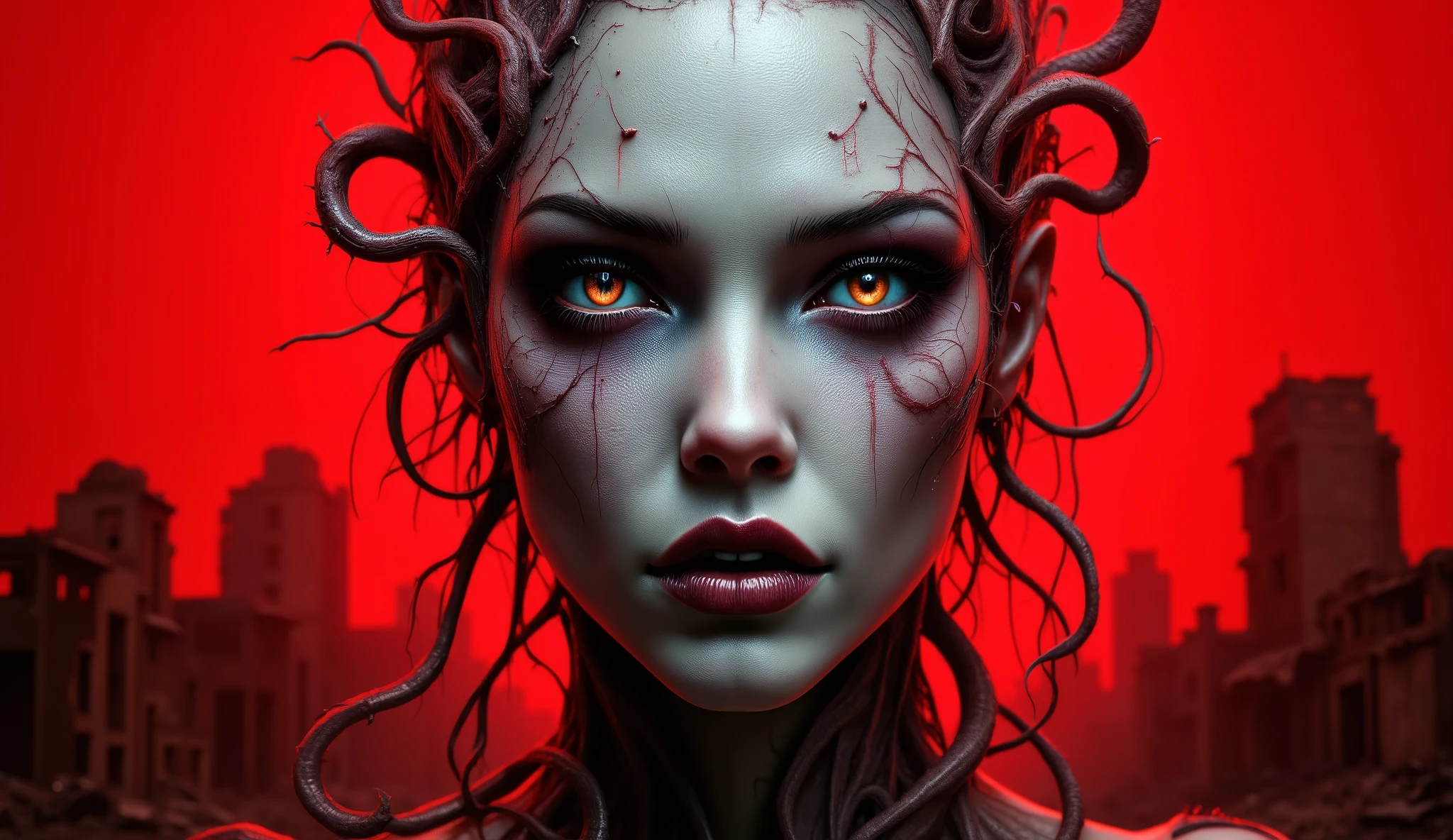 (((3/4 profile view))) A pale-skinned female model with tentacle-like features and an otherworldly appearance, in the style of H.R. Giger, highly detailed, red background, ruin buildings.