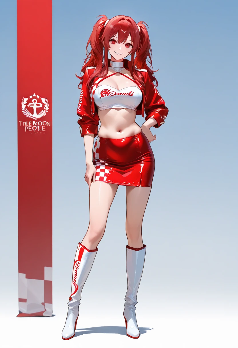 ((full_body))、Cute Woman、red_background、big_breasts、Detailed_skin、Detailed_Eye、Detailed_hair、nurse_custom、POP、vivid、smile、sexy_pose