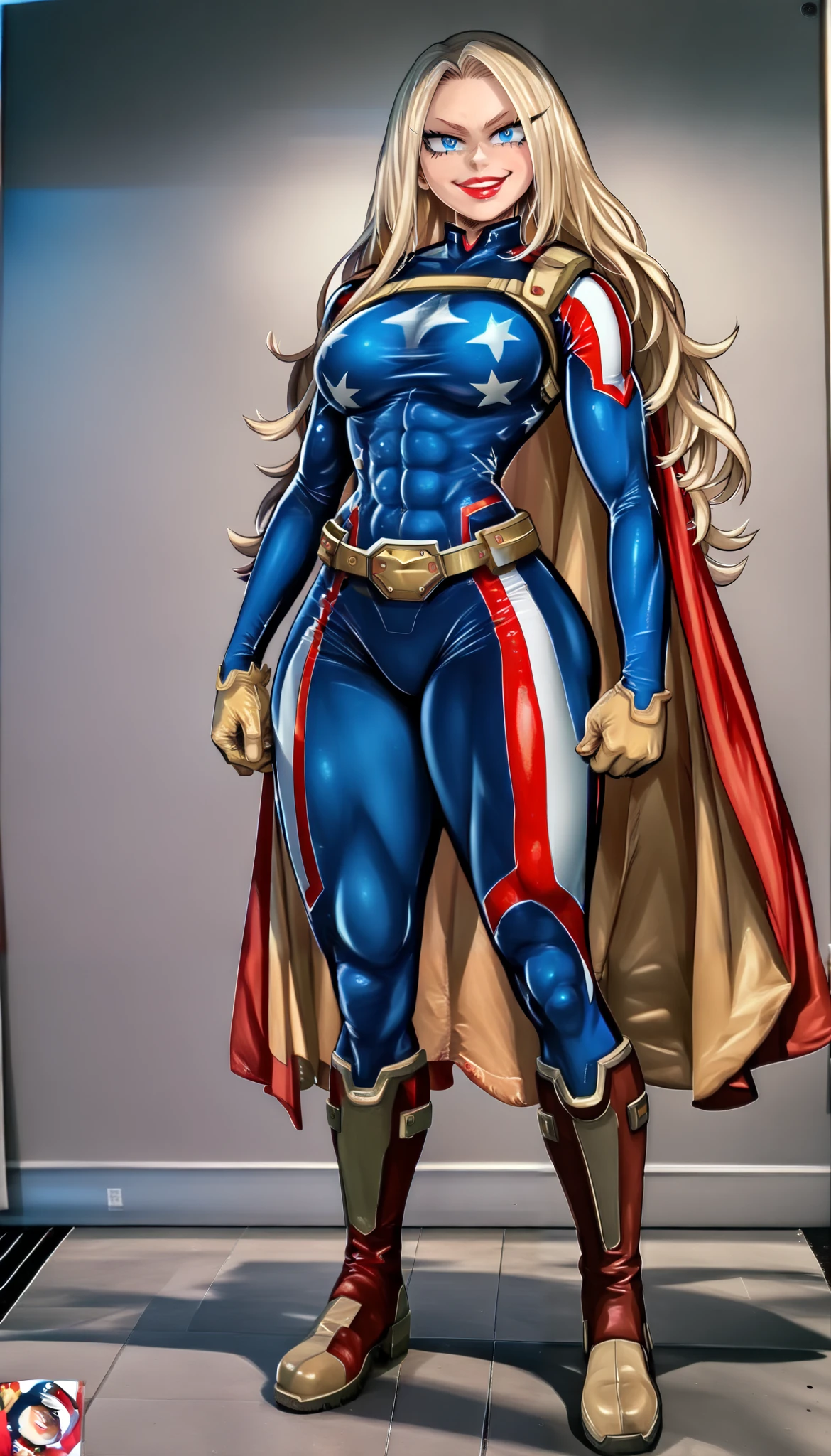 (My Hero Academia Style), (High Quality), 1Girl, Solo, Anthro, (Mature woman), (red lipstick), (Arrogant expression), (look of contempt), (smug smile), (blue eyes), (blond hair), (long hair), (American flag themed hero suit) (navy blue skin-tight hero suit with red lines), (Full Body Hero Suit), (American Flag Cape), (Hero Suit with Cape), (Tight Fit Hero Suit), (Golden gloves and boots), (gold belt with a U logo on the buckle), (medium breasts), (wide calves), (wide hips), (wide thighs), (slender waist), Abs, (perfect anatomy), (perfect hands), (super detailed), (simple background) ((Perfect face)), (looking at viewer), (full body photo:1.5),