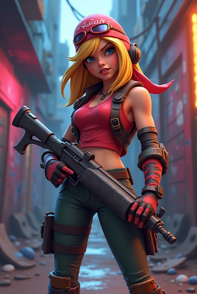 Blonde woman in pink holding chainsaw in front of ruined city, As a character in Tekken, john park, annie from league of legends, Deviantart ArtStation CGSCOSIETY, close up portrait shot, 《overwatch》Brigitte, Fan art, 3 D rendering character art 8 K, fighting game character, natalie from epic battle fantasy, portrait of tifa lockhart