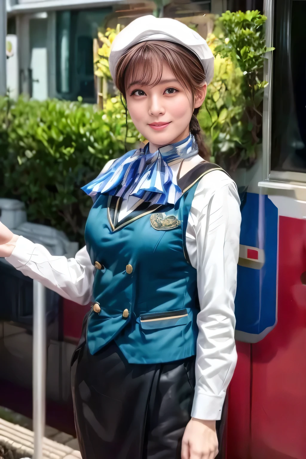 (masterpiece:1.2, best quality :1.2), 32kHDR,  kampala, (alone、 1 girl)、（what 、 professional lighting ）、Cabin background、（ realistic style in Nankai train uniform ）、（（  Nankai train crew uniform green vest  ））、（（ Nankai train crew uniform　white long sleeve blouse without stand collar ）） 、（（ Nankai train crew uniform黒カールキュロットスカート 、 A scarf is wrapped around her neck  ））、 dark brown hair 、（ long hair、  collected hair 、  collected hair ）、 dark brown hair 、  long hit  、Big Breasts 、 Read more、（（ amazing hand  ：2.0）），（（ A harmonious body shape ：1.5）），（（Normal limbs：2.0）），（（The usual ：2.0）），（（  Delicate Eyes ：2.0）），（（Normal eyes：2.0））)、smile、（Beautiful figure wearing Nankai Electric Railway uniform）、Hands folded under the body  、 And I'm not wearing a hat 