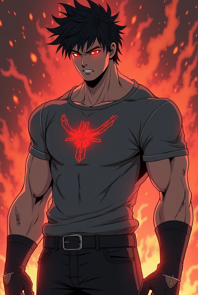 muscular strong man, with short hair that covers her eyes, his eyes are black and bright red, he is shirtless, white pants and black gloves that only cover half of his fingers, he has a bright yellow hole in his chest with some blood marks, he has a huge Japanese letter on his back glowing 