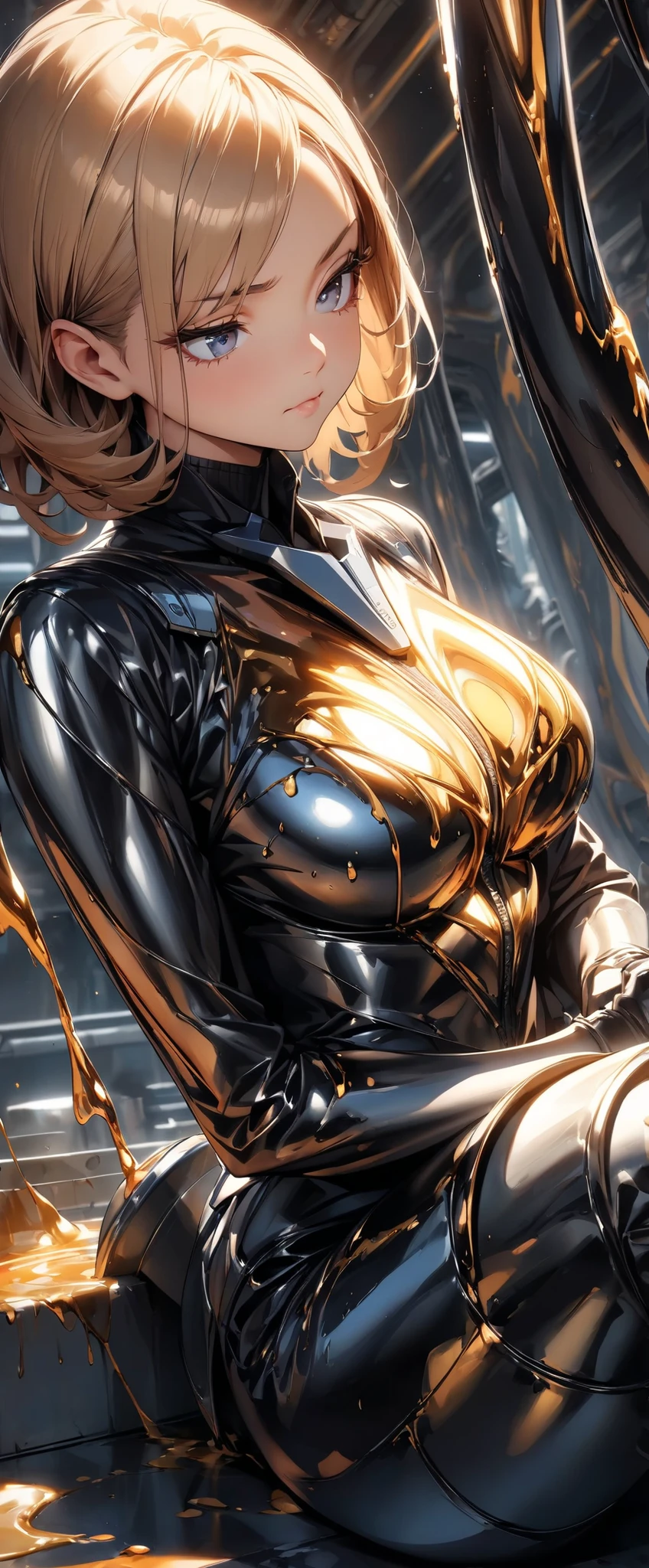 (highest quality:1.2, very well detailed, high detail, high contrast due to , masterpiece:1.2, highest quality, Aesthetics at its best), female 1 person, assassins with a pout face, Mercury Body, Metal Suit, LIQUID METAL:1.2, melting body, The body melts, Melting Female Android :1.2, Artificial Life, Melting dressing of metal, Liquid Shape, Amorphous Metal Costume, Large facility with individual underground facilities, dim lighting, beautiful eyes, long eyelashes, well-groomed face, beautiful lips, sleek design, sit, random action pose, Dutch angle