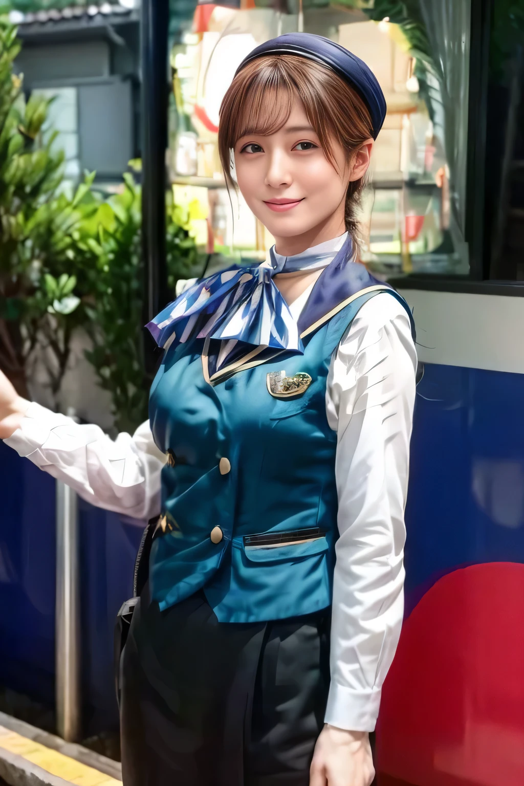 (masterpiece:1.2, best quality :1.2), 32kHDR, kampala, (alone、 1 girl)、(what 、 professional lighting )、Cabin background、( realistic style in Nankai train uniform )、(( Nankai train crew uniform green vest ))、(( Nankai train crew uniform white long sleeve blouse without stand collar )) 、(( Nankai train crew uniform黒カールキュロットスカート 、 A scarf is wrapped around her neck ))、 dark brown hair 、( long hair、 collected hair 、 collected hair )、 dark brown hair 、 long hit 、Big Breasts 、 Read more、(( amazing hand :2.0)),(( A harmonious body shape :1.5)),((Normal limbs:2.0)),((The usual :2.0)),(( Delicate Eyes :2.0)),((Normal eyes:2.0)))、smile、(Beautiful figure wearing Nankai Electric Railway uniform)、Hands folded under the body 、 And I'm not wearing a hat