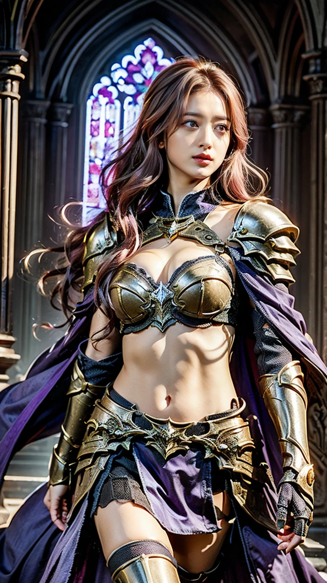 (masterpiece, top quality, best quality, official art, beautiful and aesthetic:1.2), (1girl:1.3), extremely long curly golden hair, extremely detailed, portrait, looking at viewer, solo, (full body:0.6), detailed background, close up, (cool science fiction space theme:1.1), extremely busty valkyrie, charlatan, mysterious, shooting lasers in space, cybernetic angel, huge feathered wings, chrome boob armor, dark purple streamers and skirts and sleeves and knee wrappings, cybernetic implants, mechanical hand, laser cannon, arm cannon, revealing chrome armor, bare midriff, glowing laser energy, halo, intricate armor, ornate chrome armor, sheer white fabric, elegant purple fabric, skirts, streamers, cowl, boots, bracers, ((((gigantic breasts, breasts as big as her head)))), slim waist, slim hips, long legs, athletic, SPACE, futuristic moon, (space exterior:1.1) background, dark mysterious lighting, shadows, magical atmosphere, dutch angle