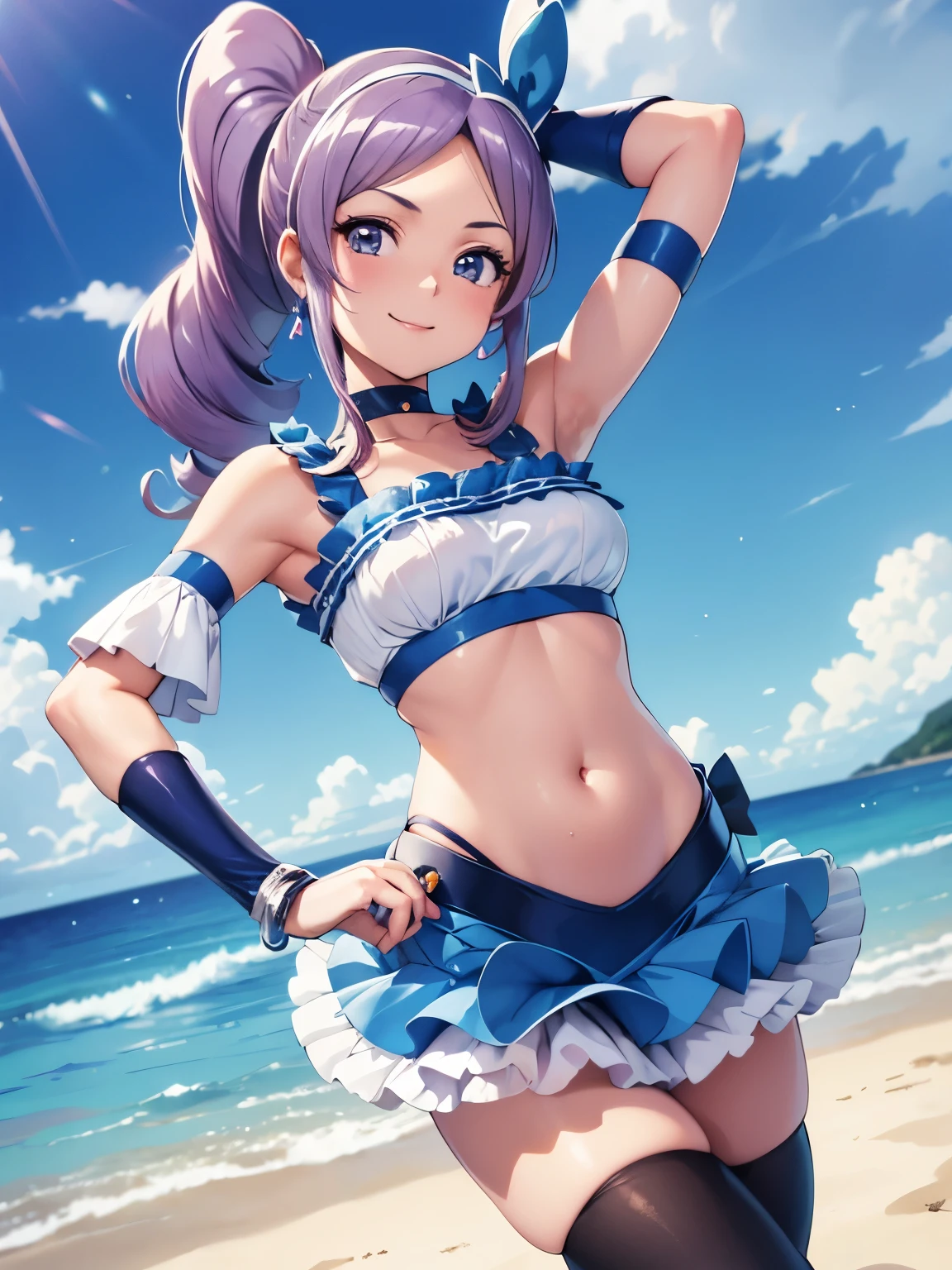 sleeveless, show me your armpits,masterpiece, best quality, viewers, depth of field, walk, smile,1 girl, Cure Berry, Pretty Cure, wrist cuffs , blue skirt, side ponytail, Blue Boots, gem, hair band, Navy Thighs, belly button, blue ribbon,