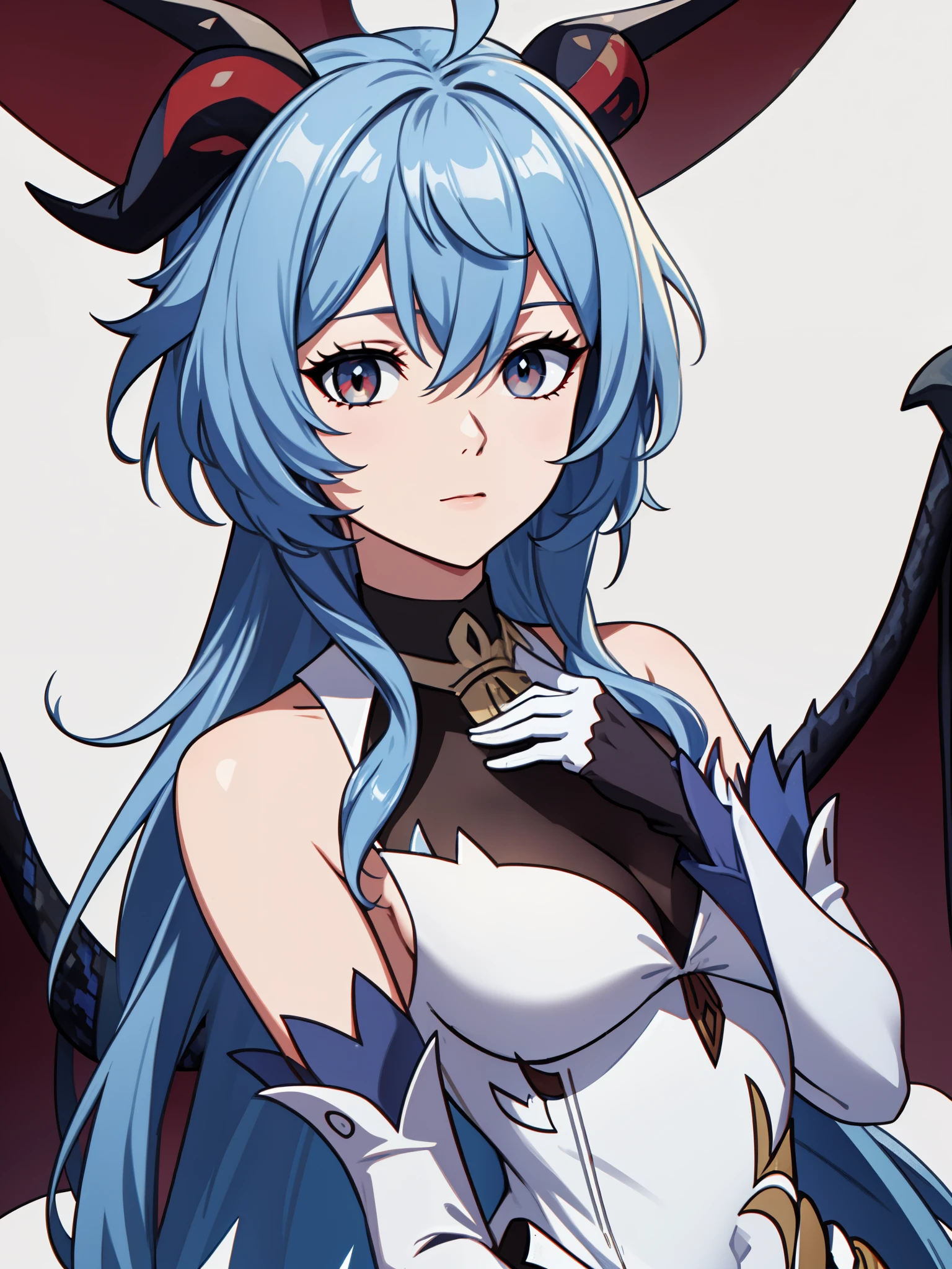 (high-quality, breathtaking),(expressive eyes, perfect face) 1girl, female, solo, blue hair, red eyes, positive expresion, greek background, portrait, symmetrical eyes, neutral, ganyu_genshin, dragon horns, snake eyes, dress, mature, adult, half open eyes, fantasy outfit, elbow gloves, white dress, long dress, white gloves, bare shoulders, black background, embers,
