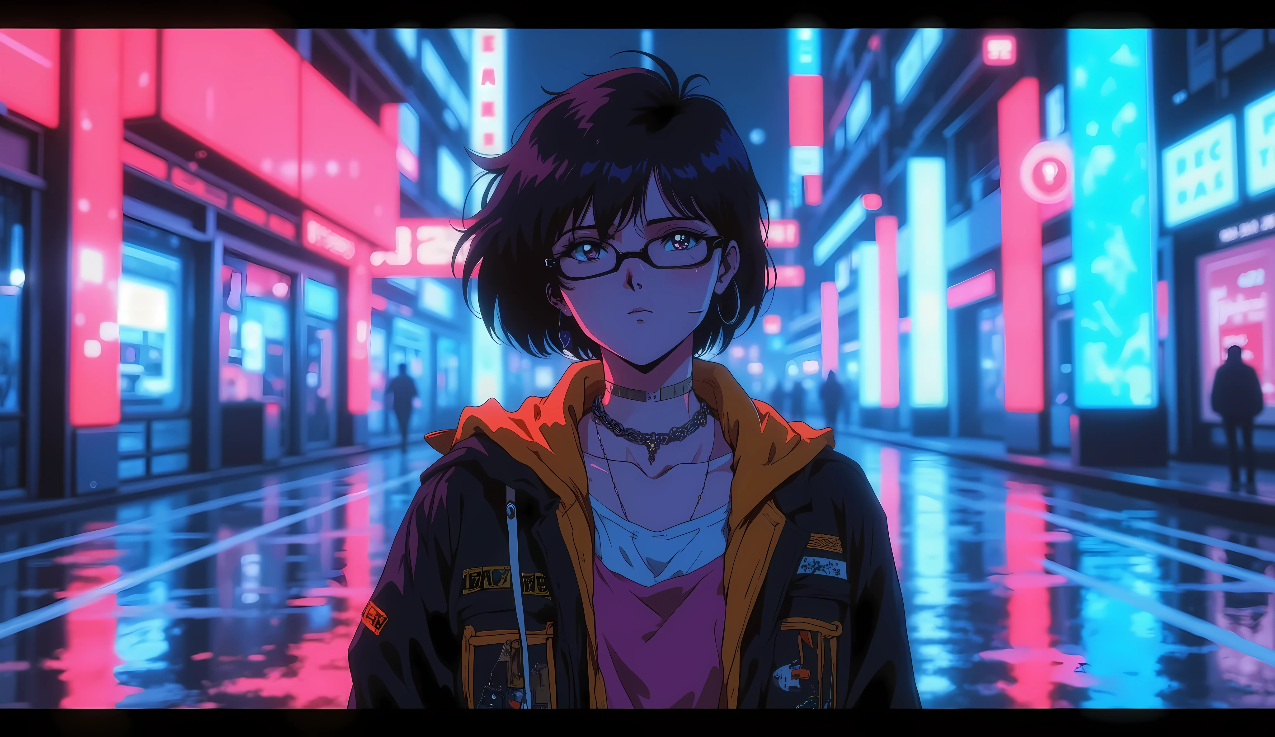 short-haired woman with black glasses, college jacket, neon lights, anime, blurred background